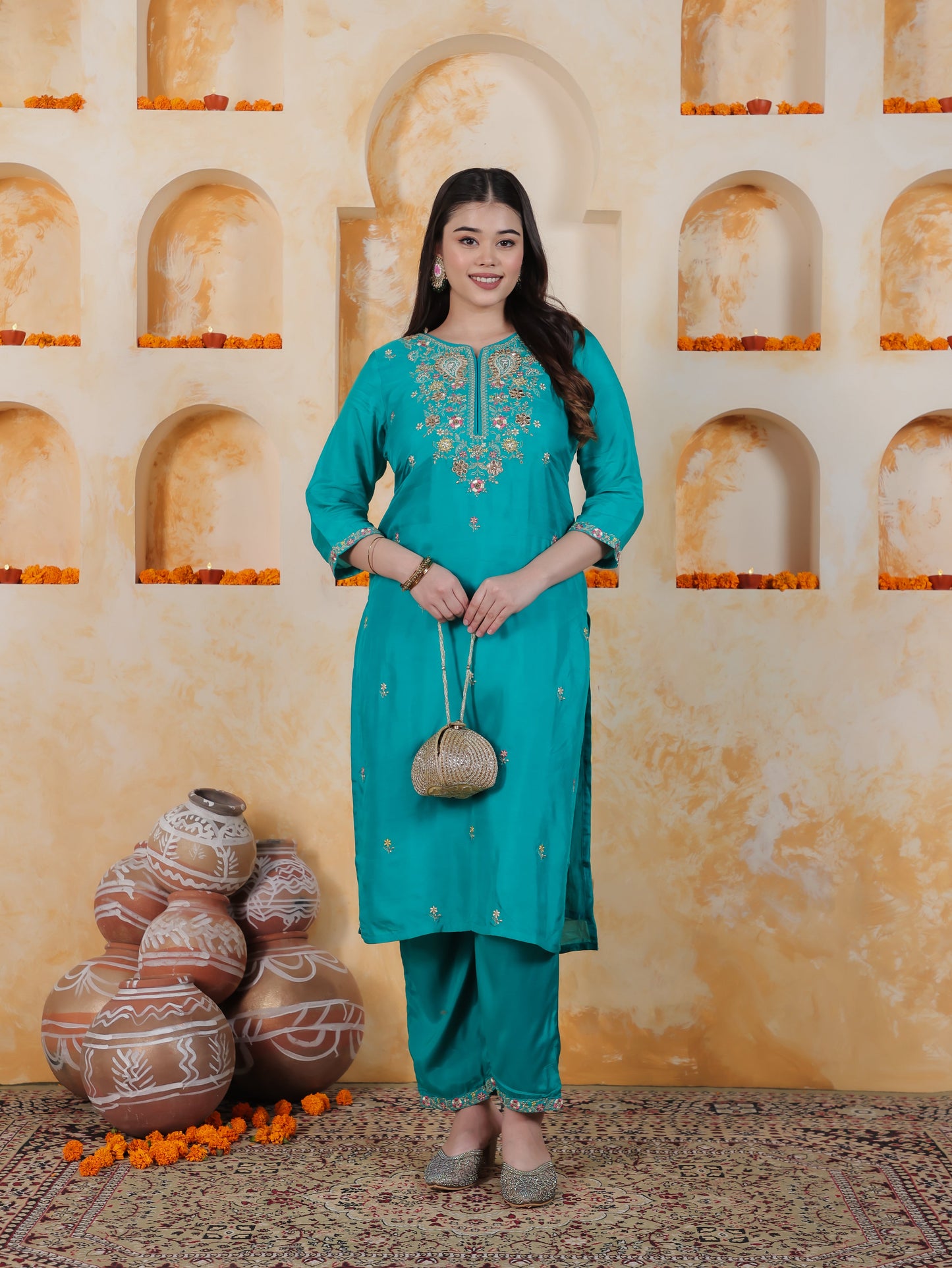 Zari Turquoise Solid PST Straight Kurta