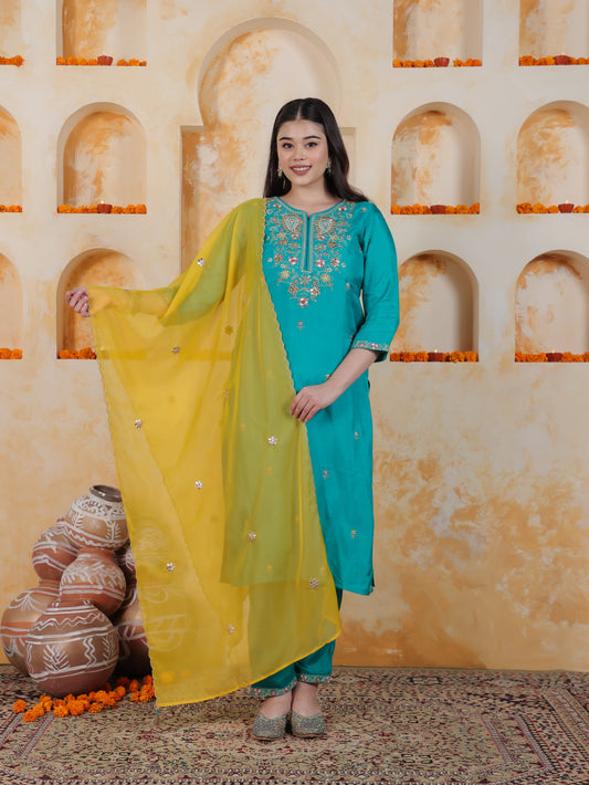 Zari Turquoise Solid PST Straight Kurta