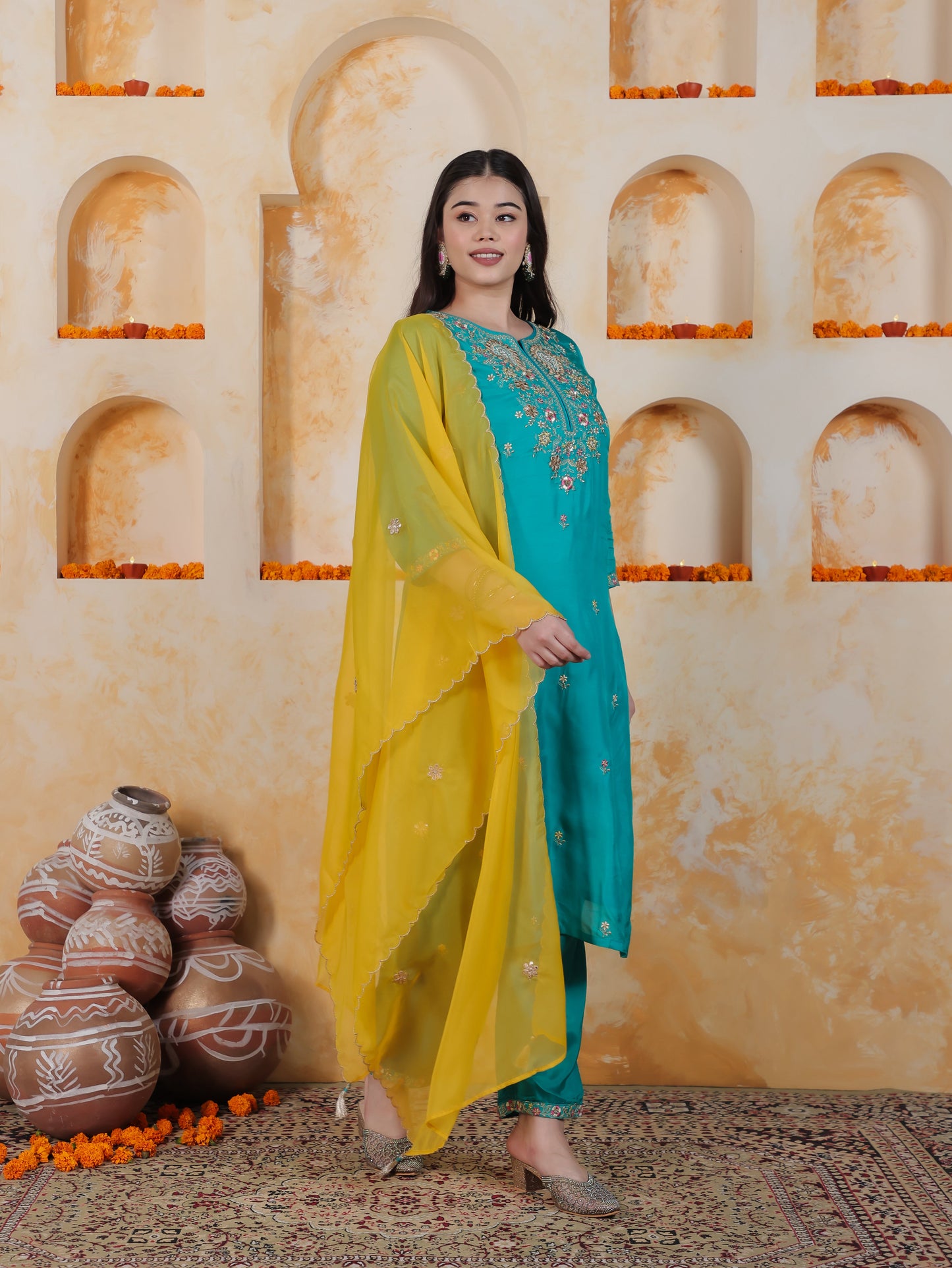 Zari Turquoise Solid PST Straight Kurta