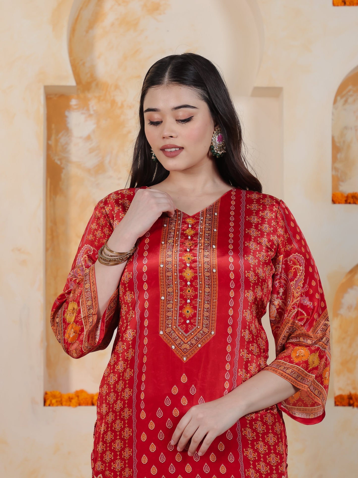 Mirror Work Red Placement Print Satin Straight Kurta