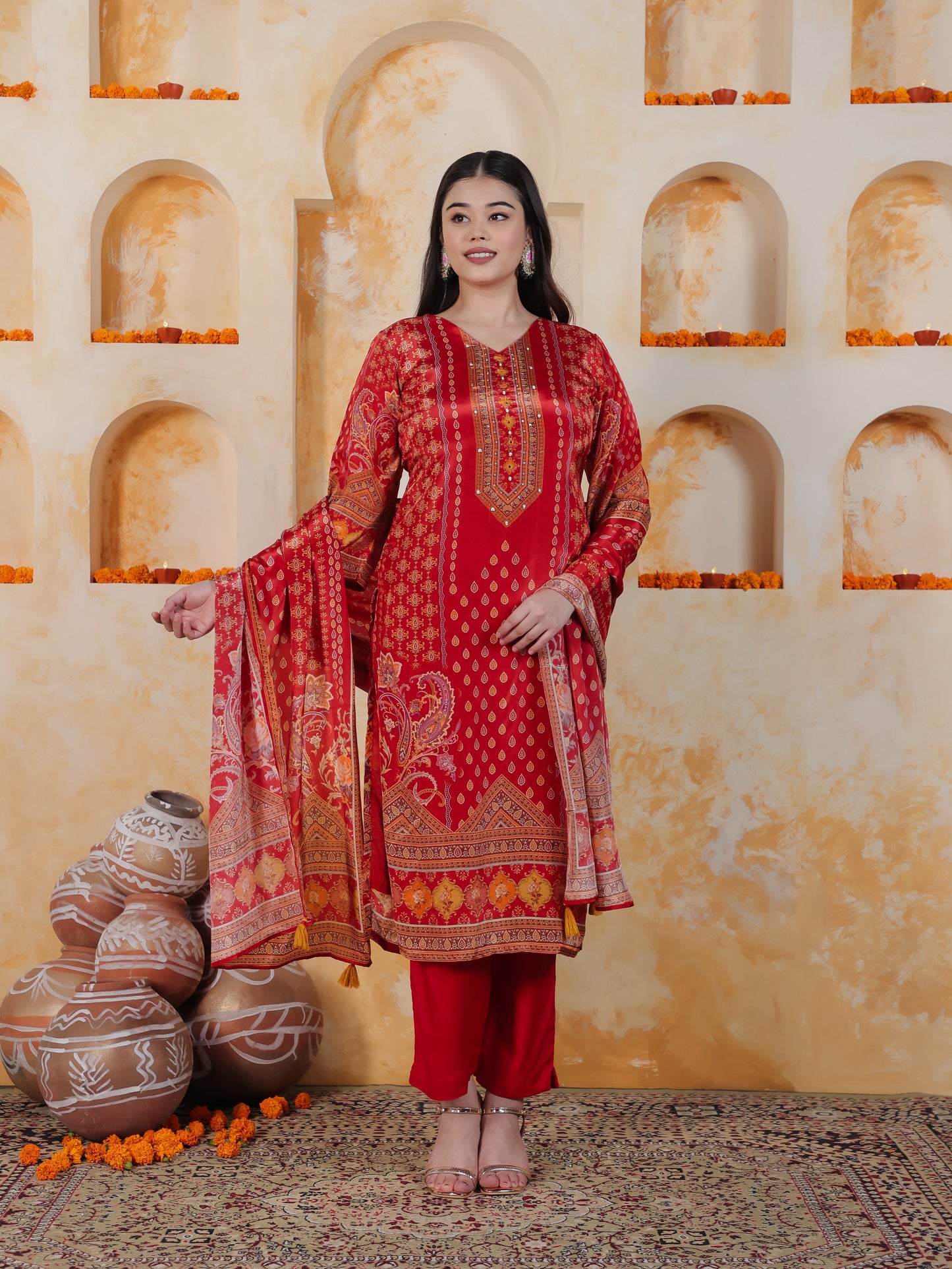 Mirror Work Red Placement Print Satin Straight Kurta