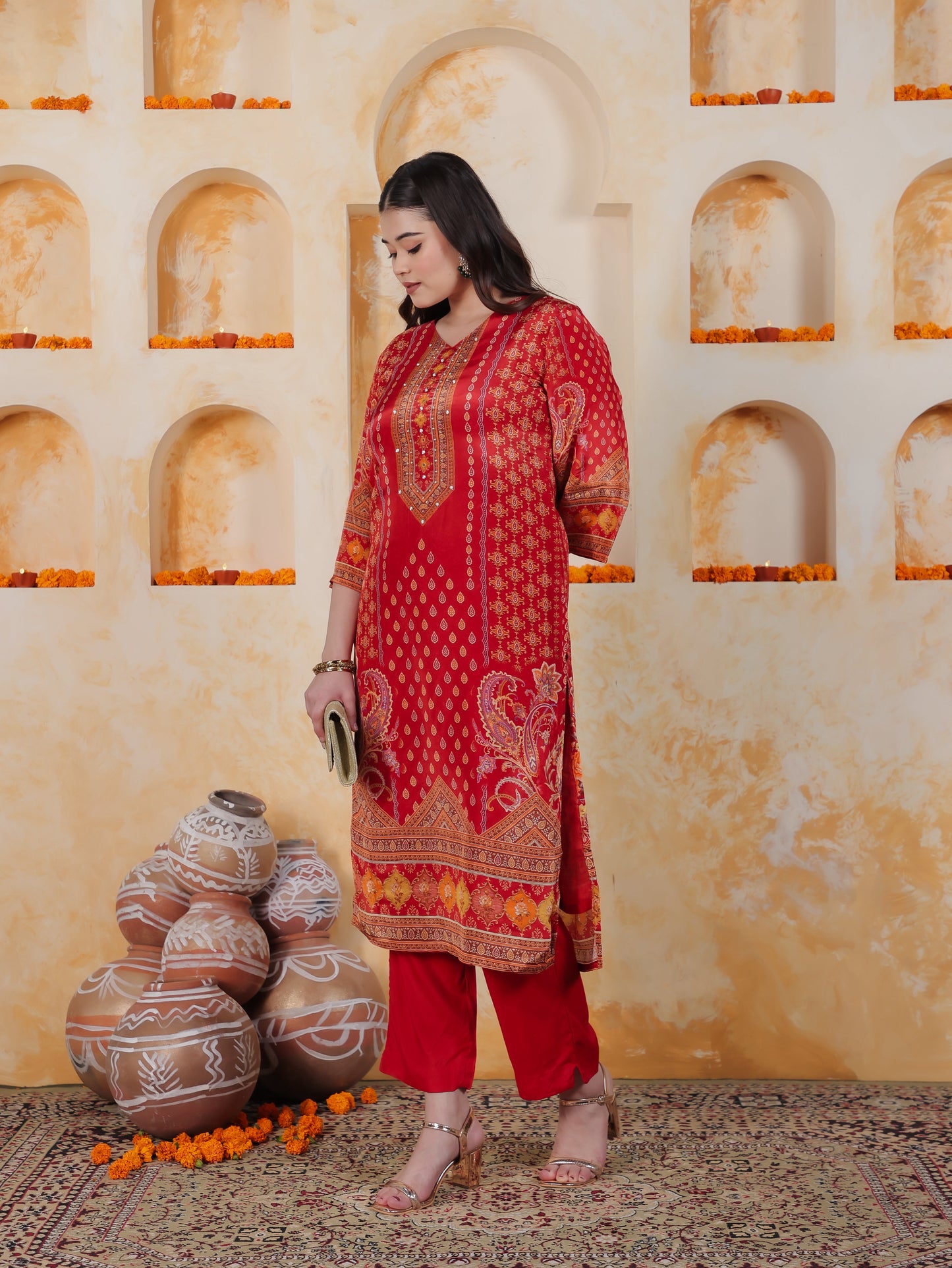 Mirror Work Red Placement Print Satin Straight Kurta