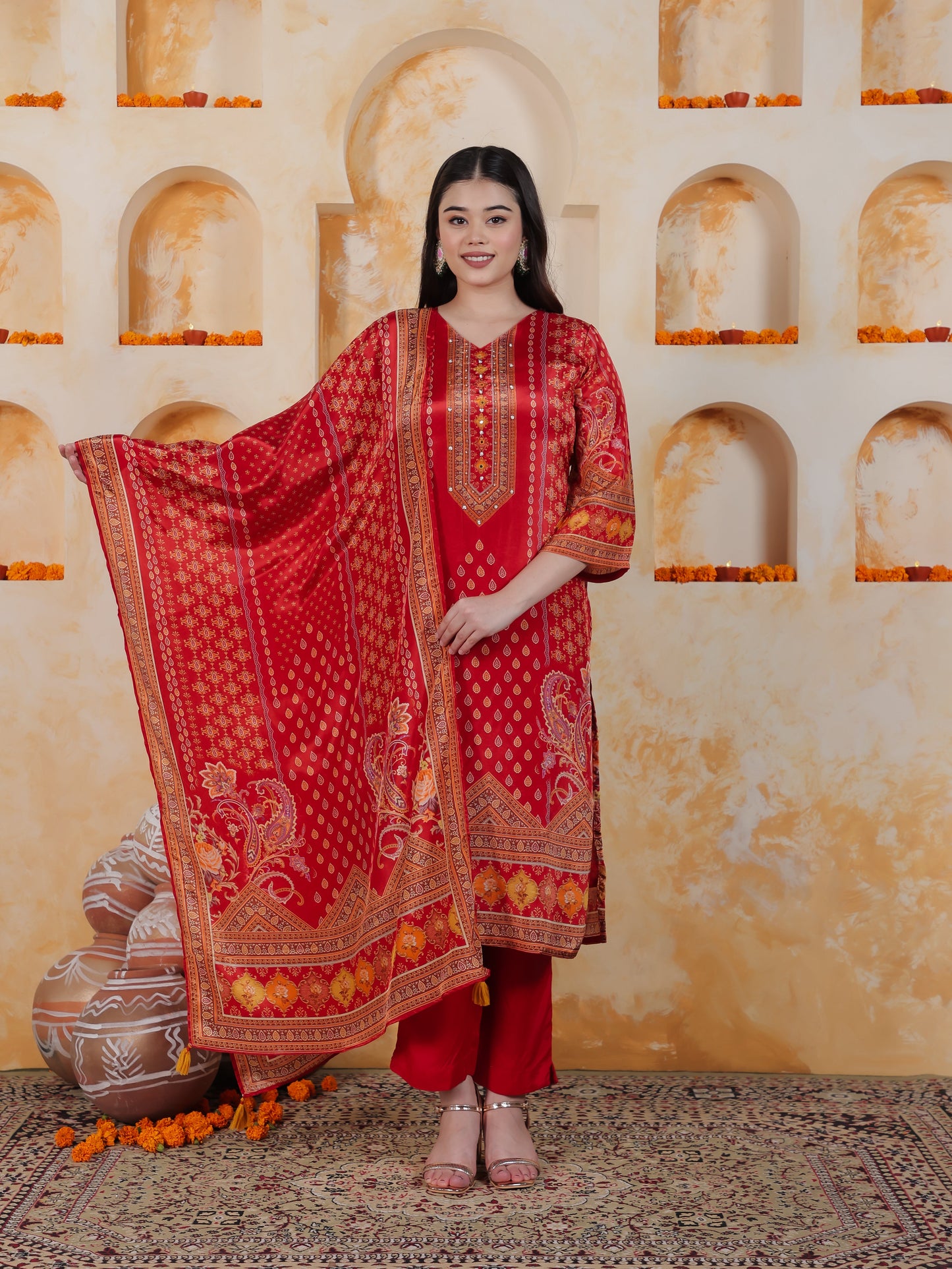 Mirror Work Red Placement Print Satin Straight Kurta