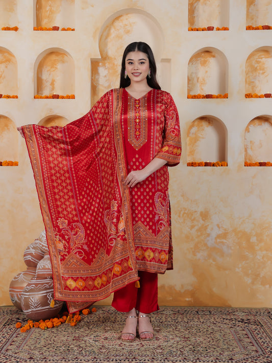 Mirror Work Red Placement Print Satin Straight Kurta