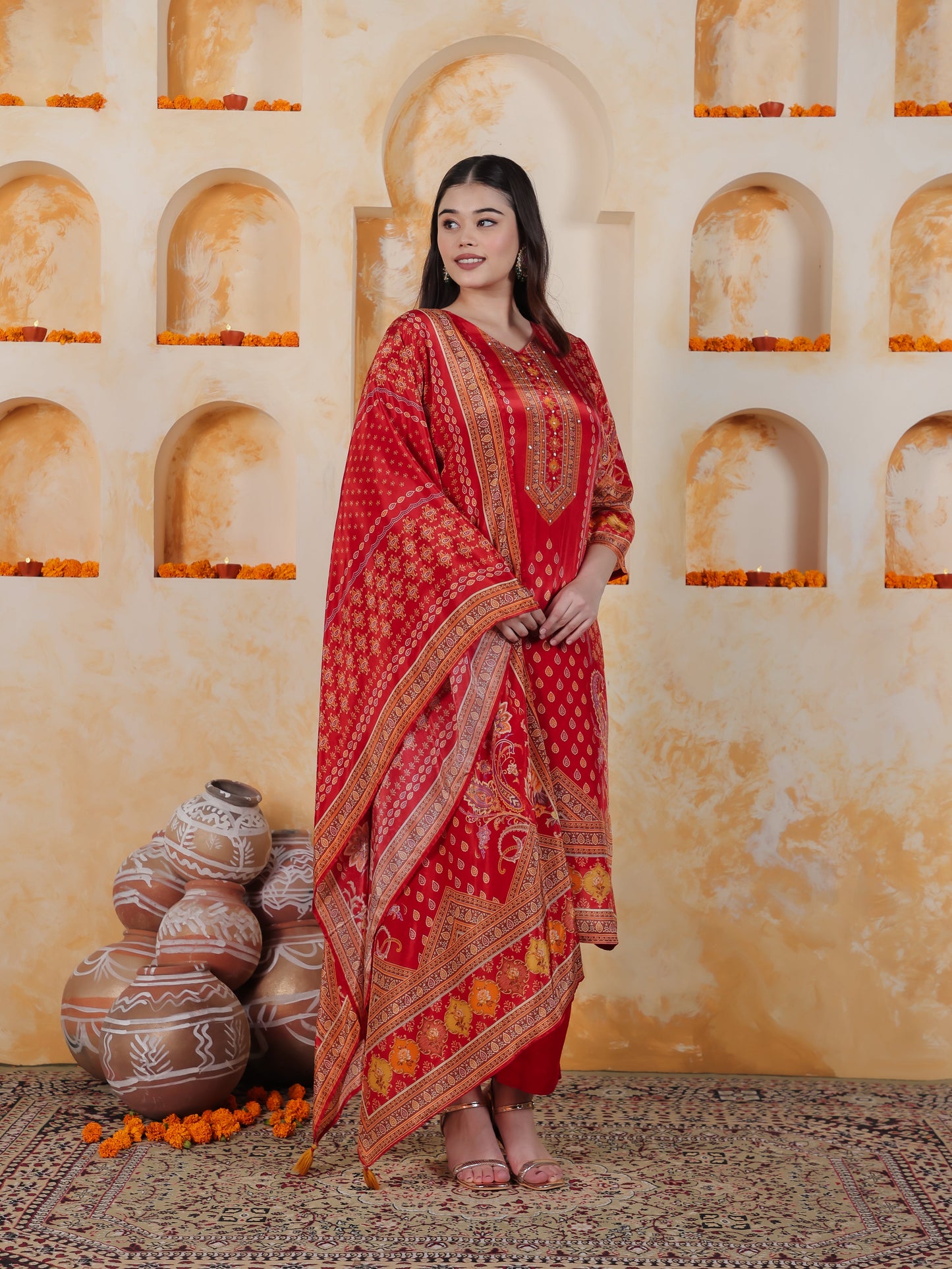 Mirror Work Red Placement Print Satin Straight Kurta