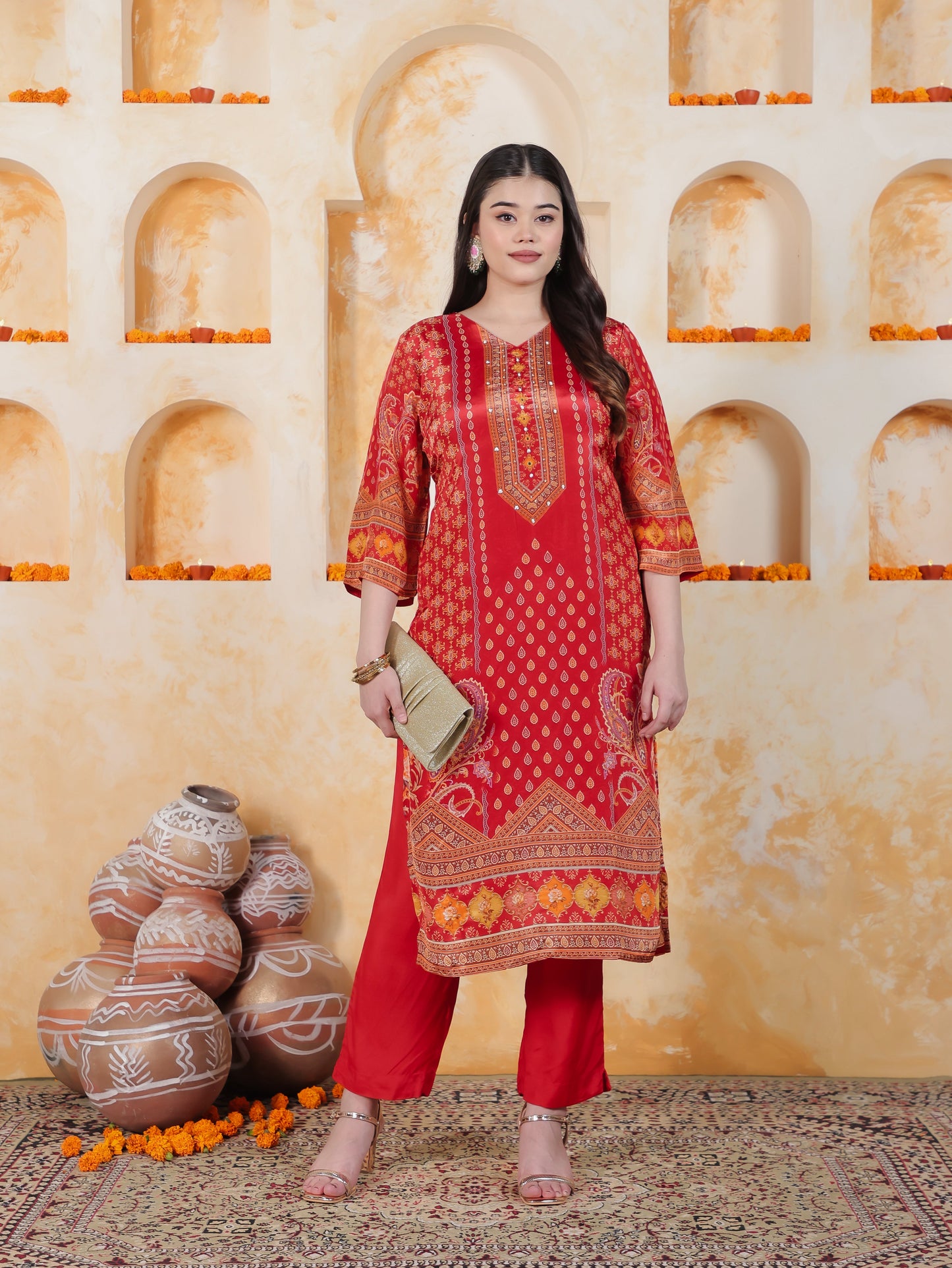 Mirror Work Red Placement Print Satin Straight Kurta