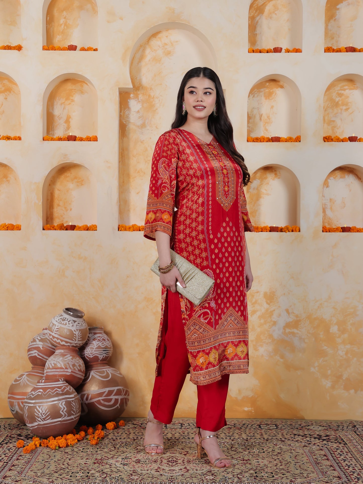 Mirror Work Red Placement Print Satin Straight Kurta