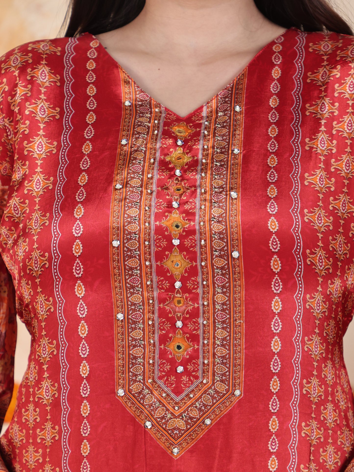 Mirror Work Red Placement Print Satin Straight Kurta