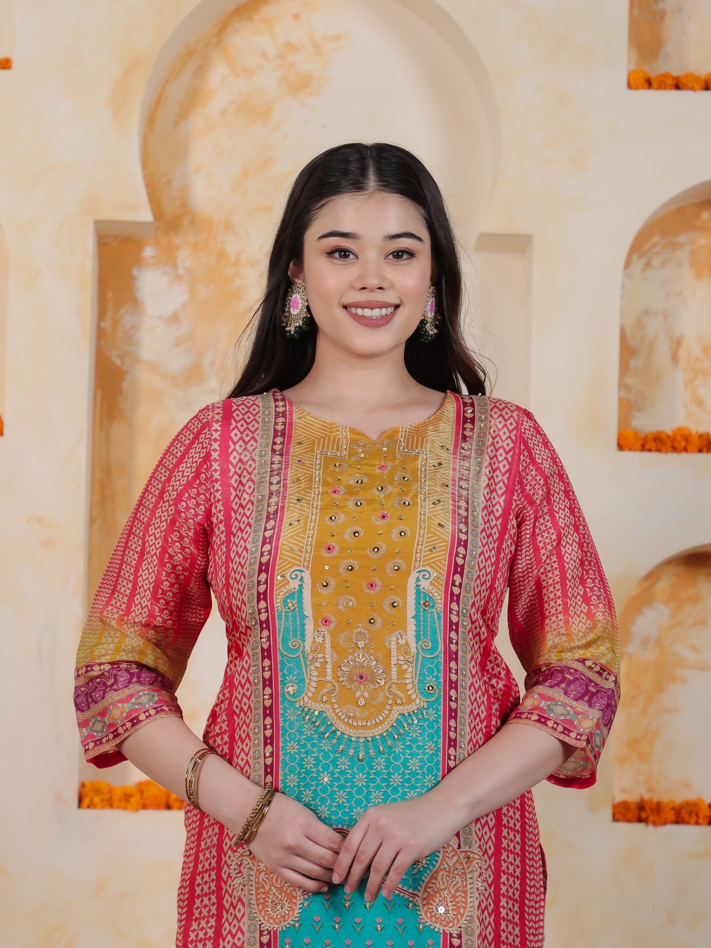 Mirror Work Multi Coloured Placement Print Satin Straight Kurta