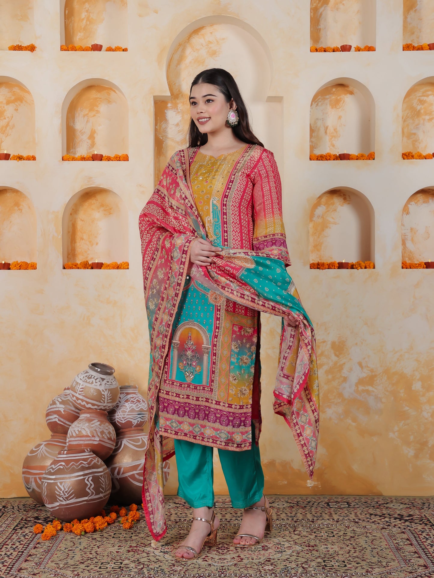 Mirror Work Multi Coloured Placement Print Satin Straight Kurta
