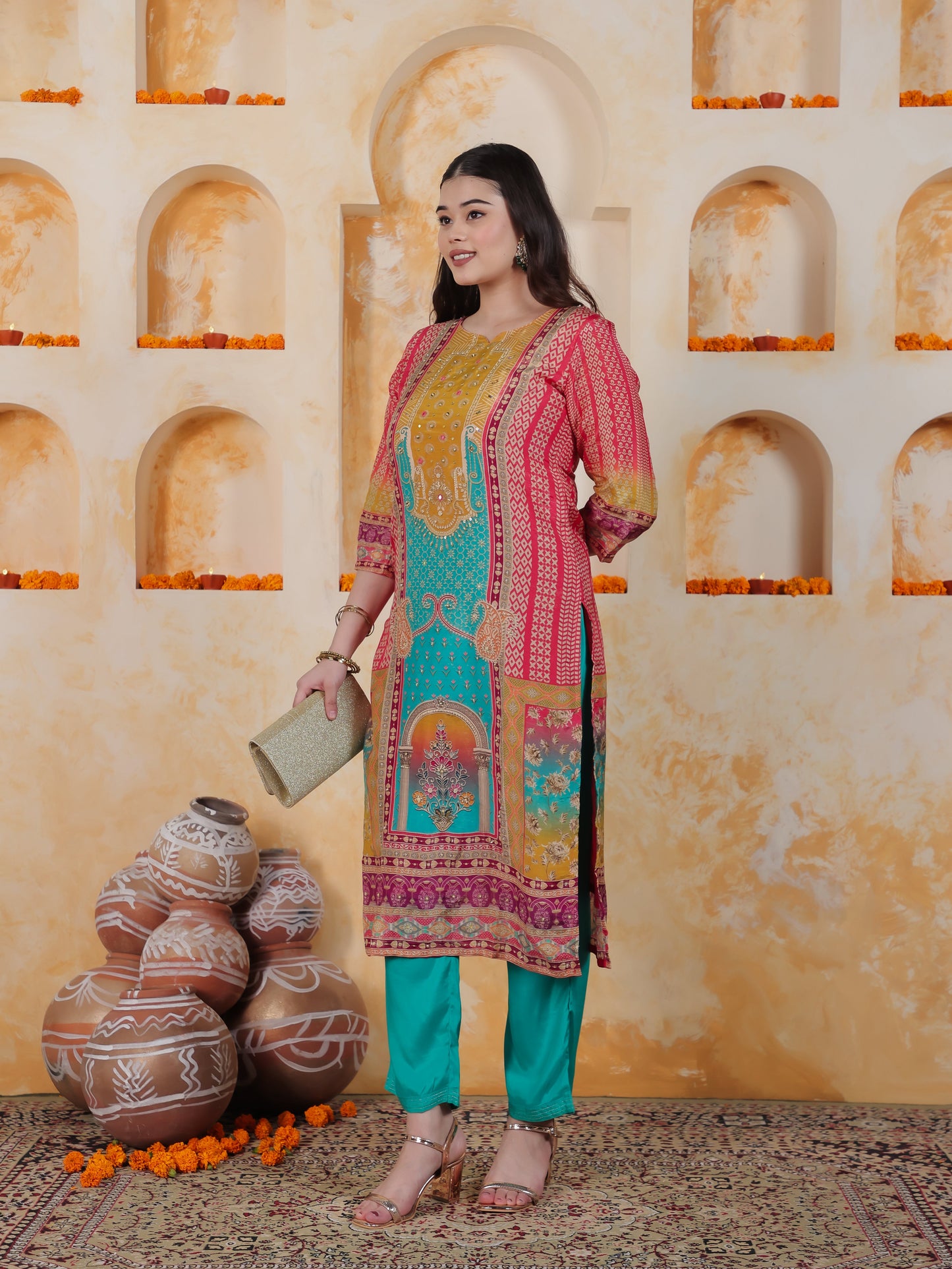 Mirror Work Multi Coloured Placement Print Satin Straight Kurta