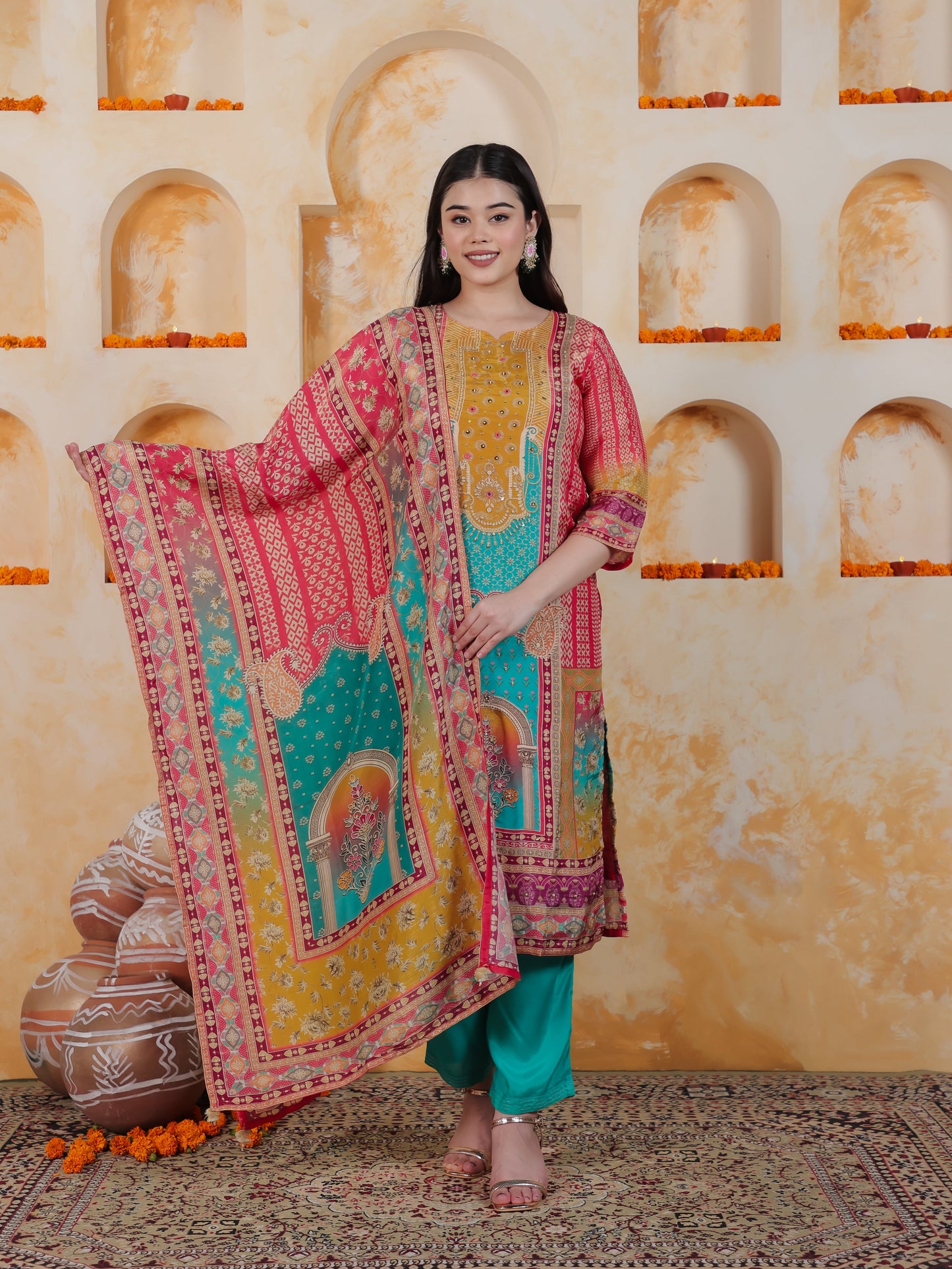 Mirror Work Multi Coloured Placement Print Satin Straight Kurta