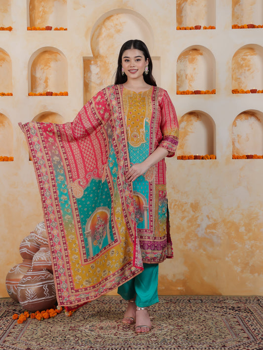 Mirror Work Multi Coloured Placement Print Satin Straight Kurta
