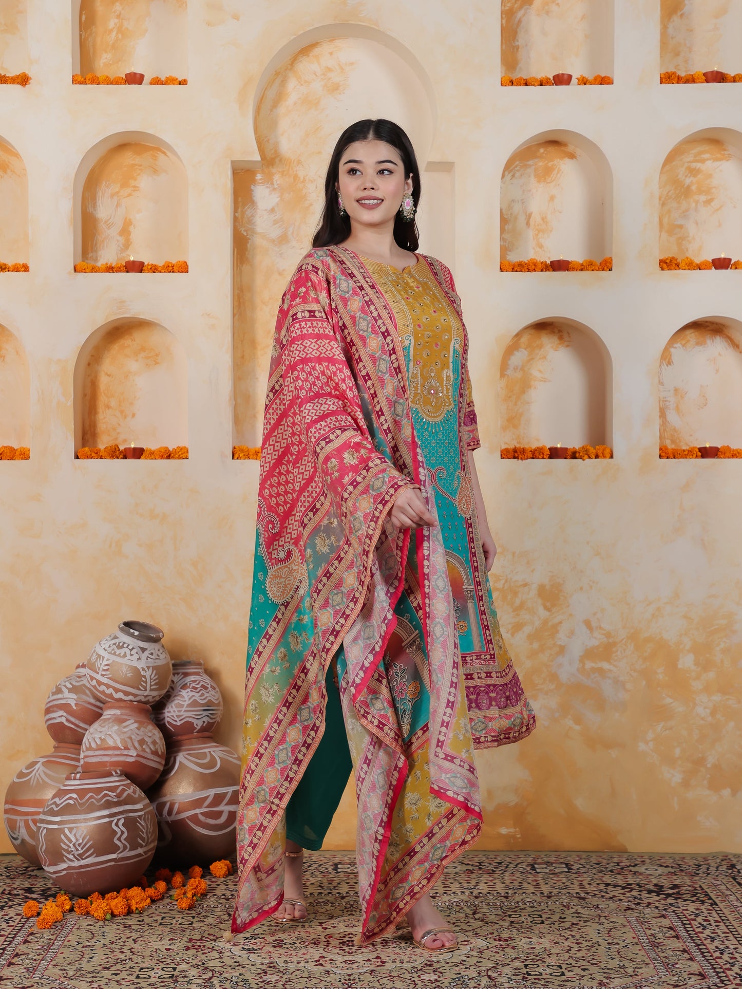Mirror Work Multi Coloured Placement Print Satin Straight Kurta