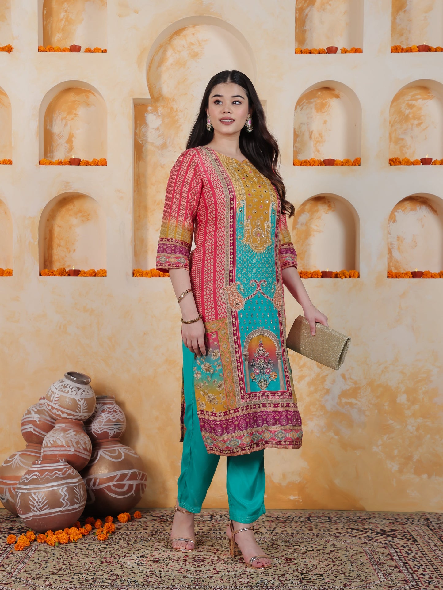 Mirror Work Multi Coloured Placement Print Satin Straight Kurta
