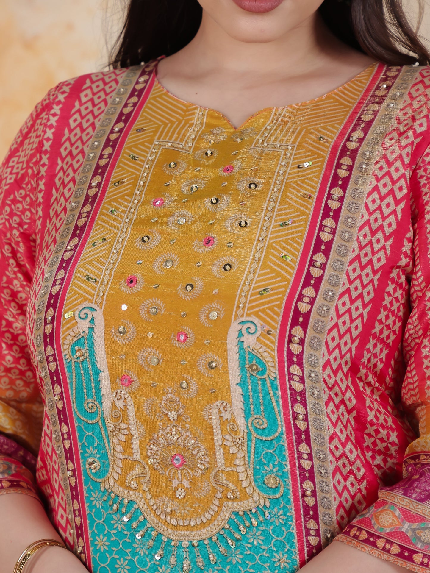 Mirror Work Multi Coloured Placement Print Satin Straight Kurta