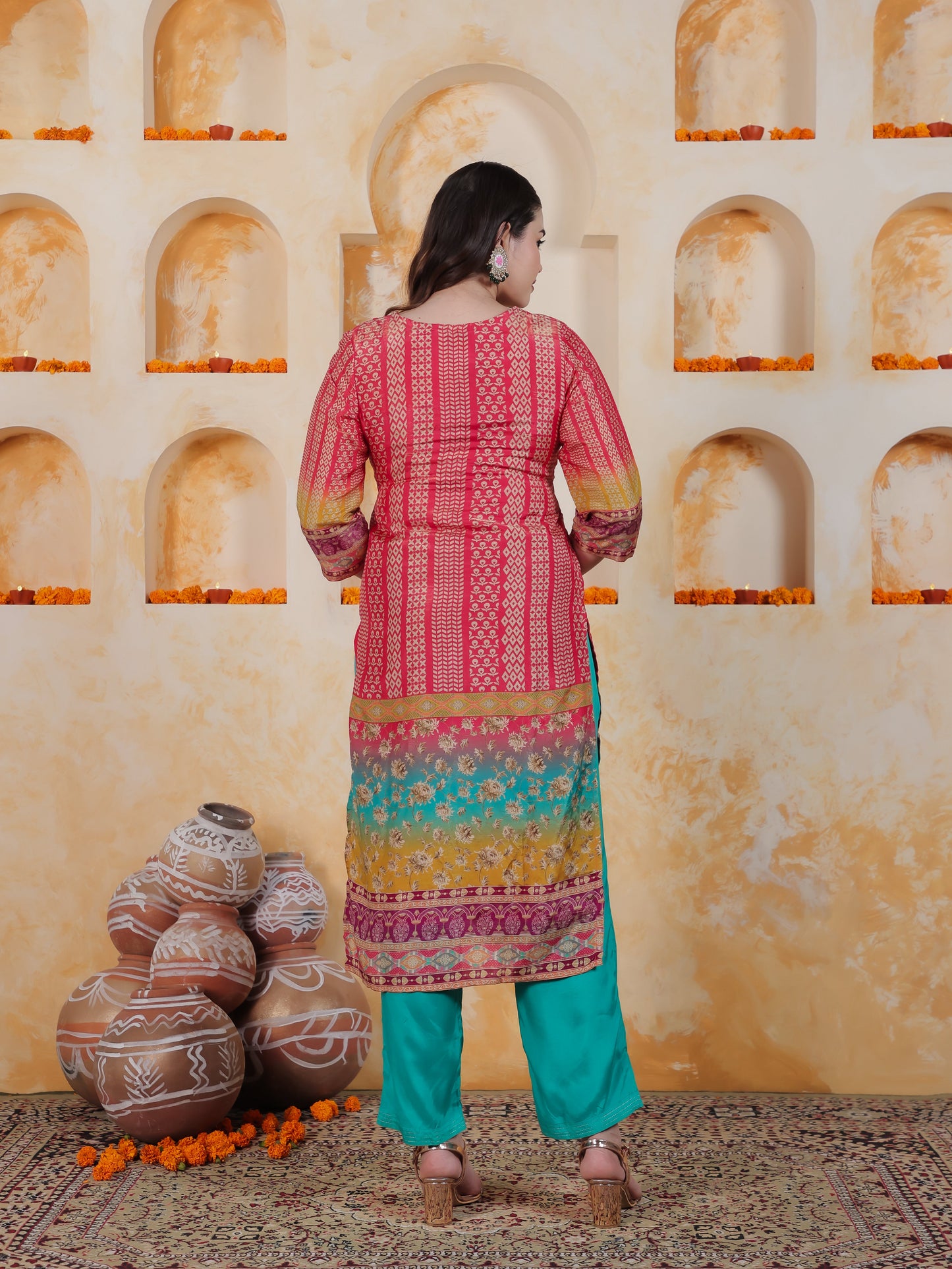 Mirror Work Multi Coloured Placement Print Satin Straight Kurta