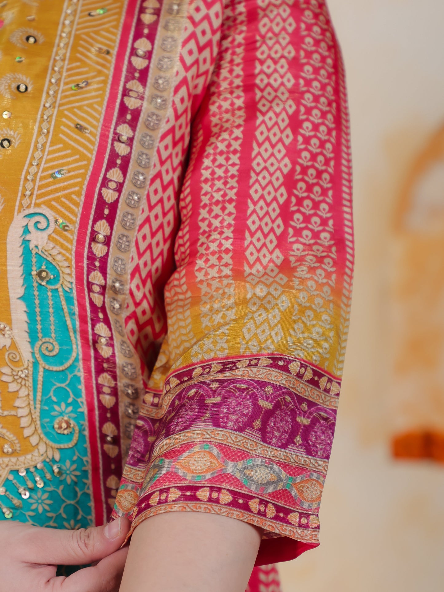 Mirror Work Multi Coloured Placement Print Satin Straight Kurta