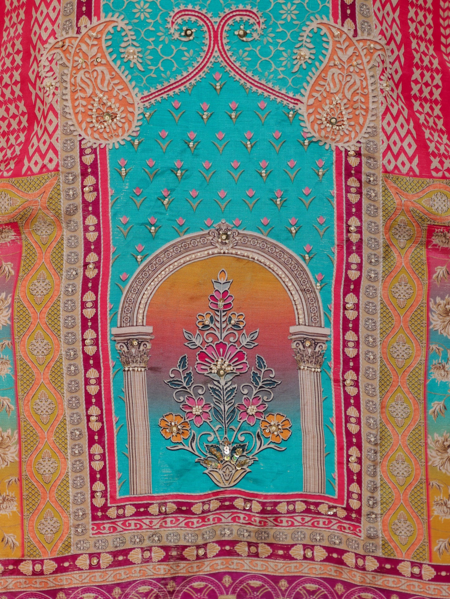 Mirror Work Multi Coloured Placement Print Satin Straight Kurta