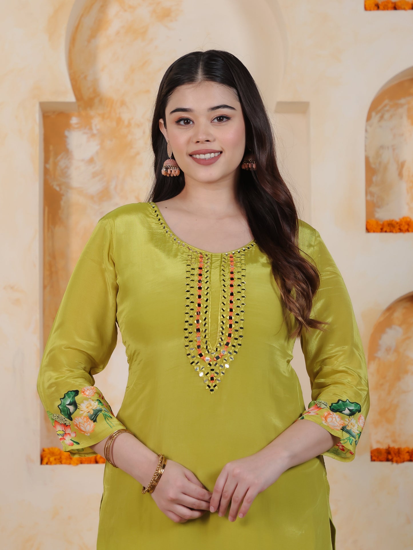 Mirror Work Lime Green Placement Print Satin Straight Kurta