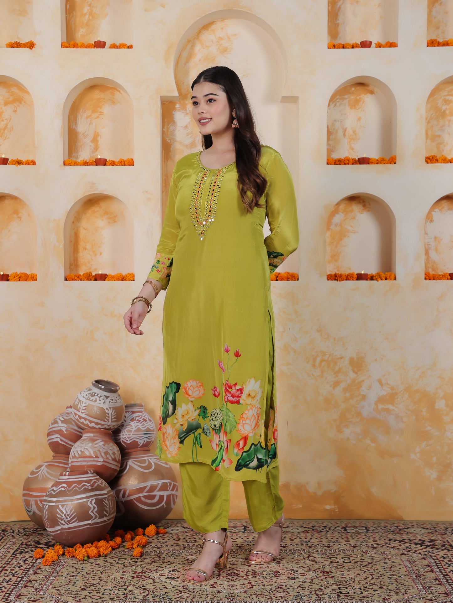 Mirror Work Lime Green Placement Print Satin Straight Kurta