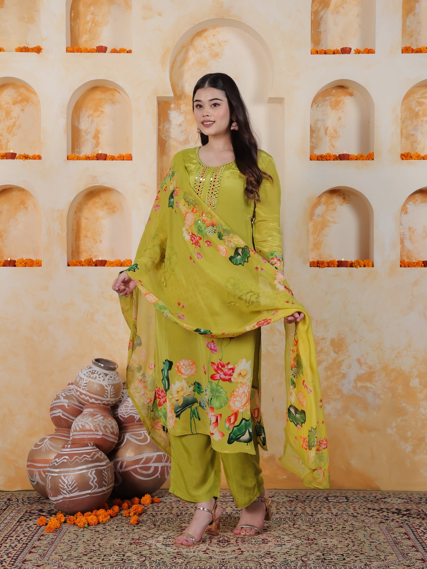 Mirror Work Lime Green Placement Print Satin Straight Kurta