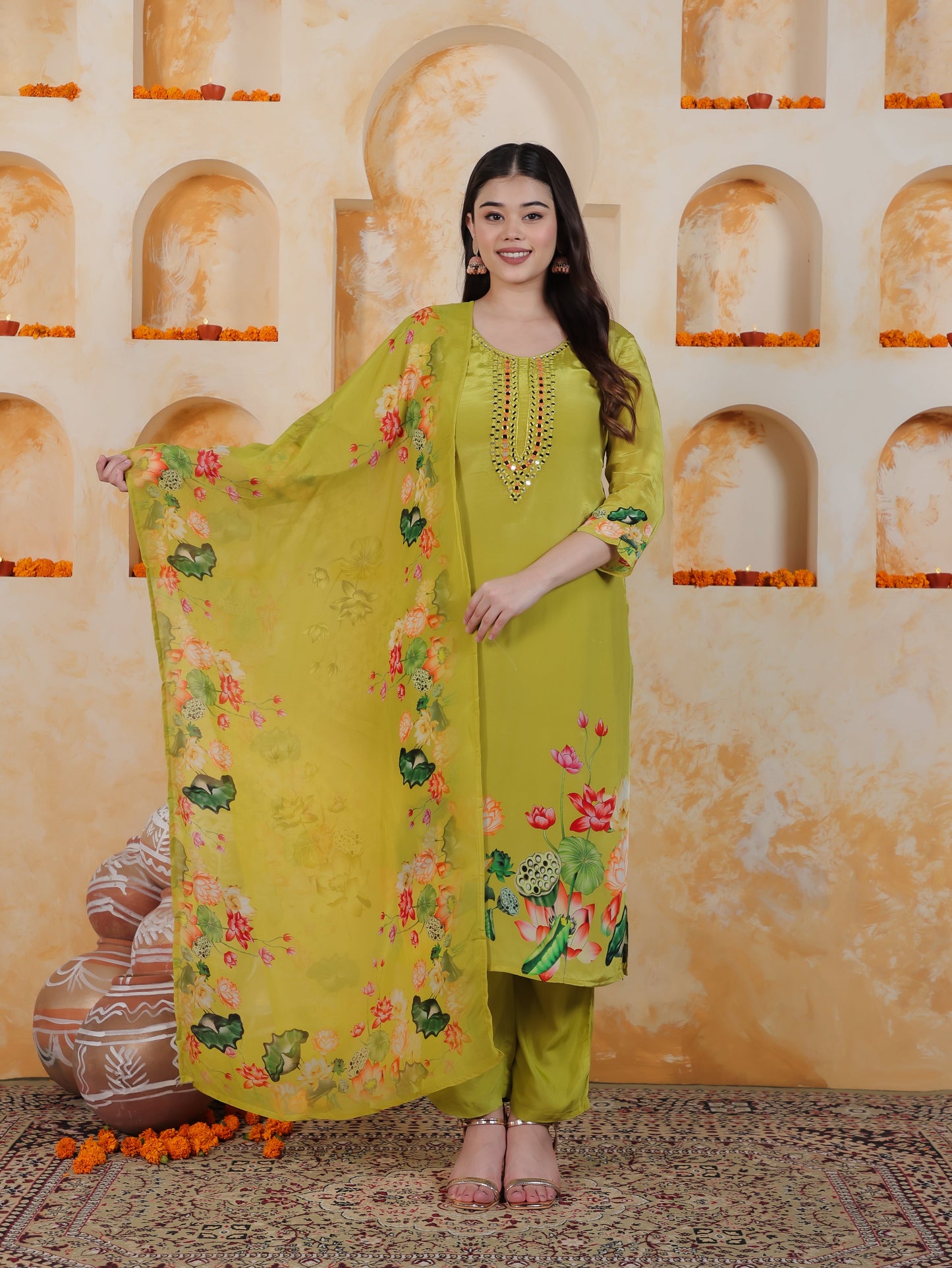Mirror Work Lime Green Placement Print Satin Straight Kurta