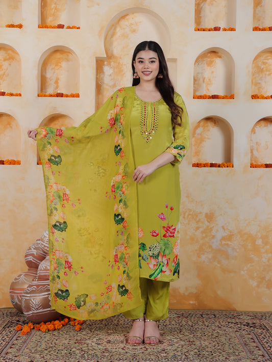 Mirror Work Lime Green Placement Print Satin Straight Kurta