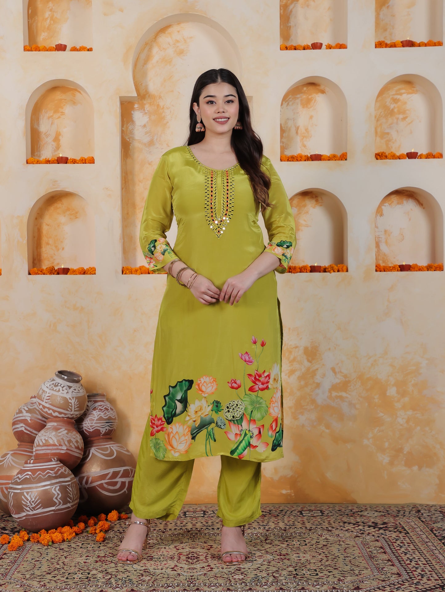Mirror Work Lime Green Placement Print Satin Straight Kurta