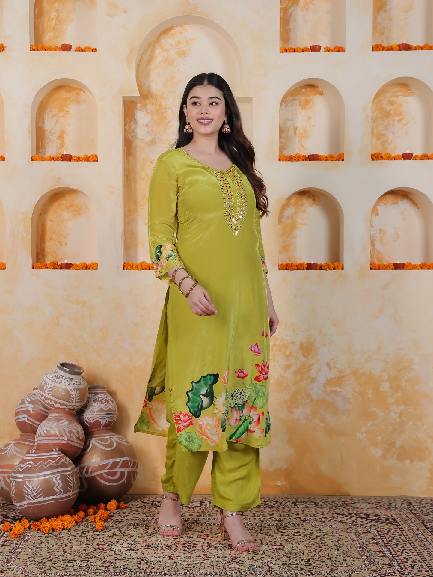 Mirror Work Lime Green Placement Print Satin Straight Kurta