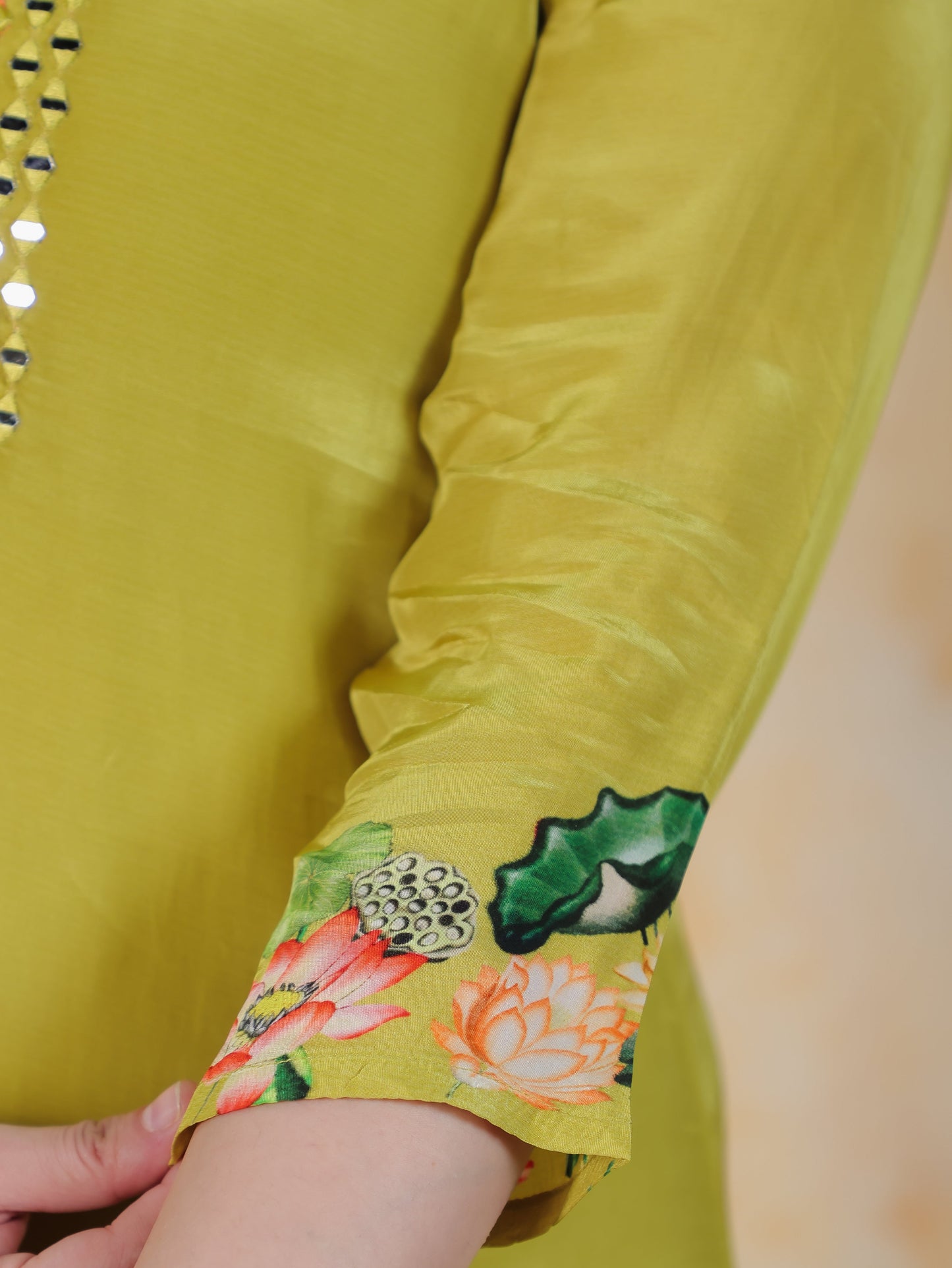 Mirror Work Lime Green Placement Print Satin Straight Kurta