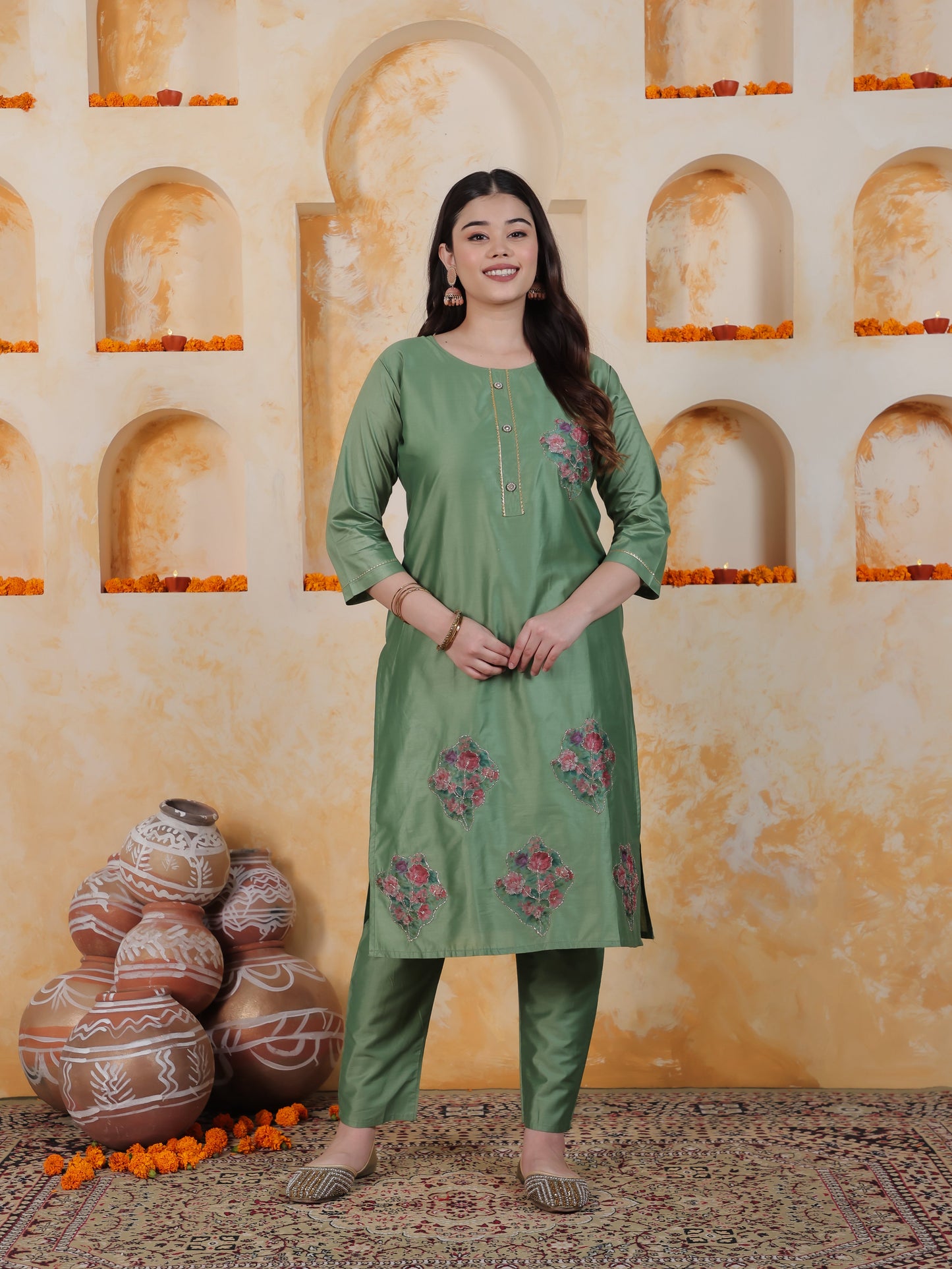 Badla Work Green Floral Roman silk Straight Kurta