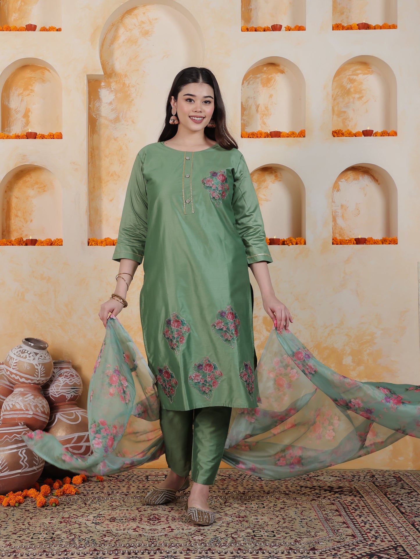 Badla Work Green Floral Roman silk Straight Kurta