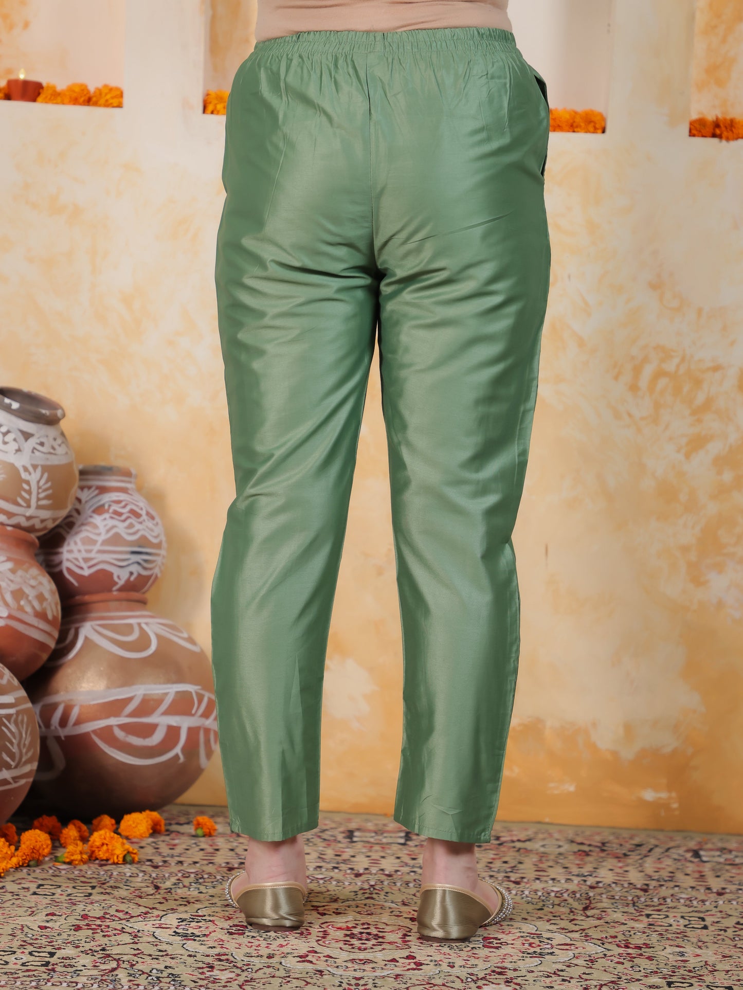 Badla Work Green Floral Roman silk Straight Kurta