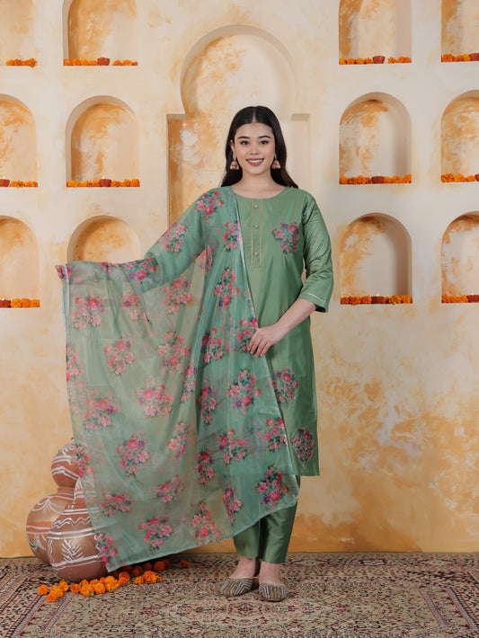 Badla Work Green Floral Roman silk Straight Kurta