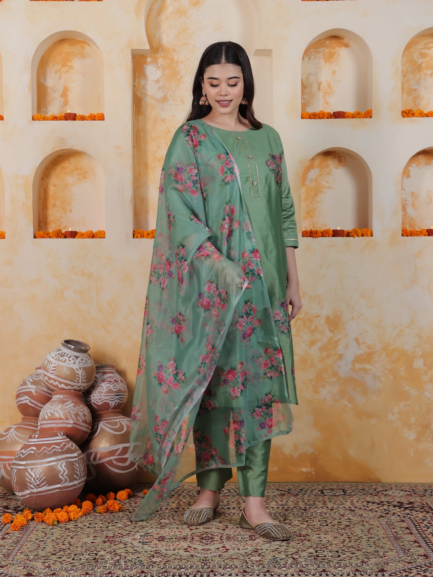 Badla Work Green Floral Roman silk Straight Kurta