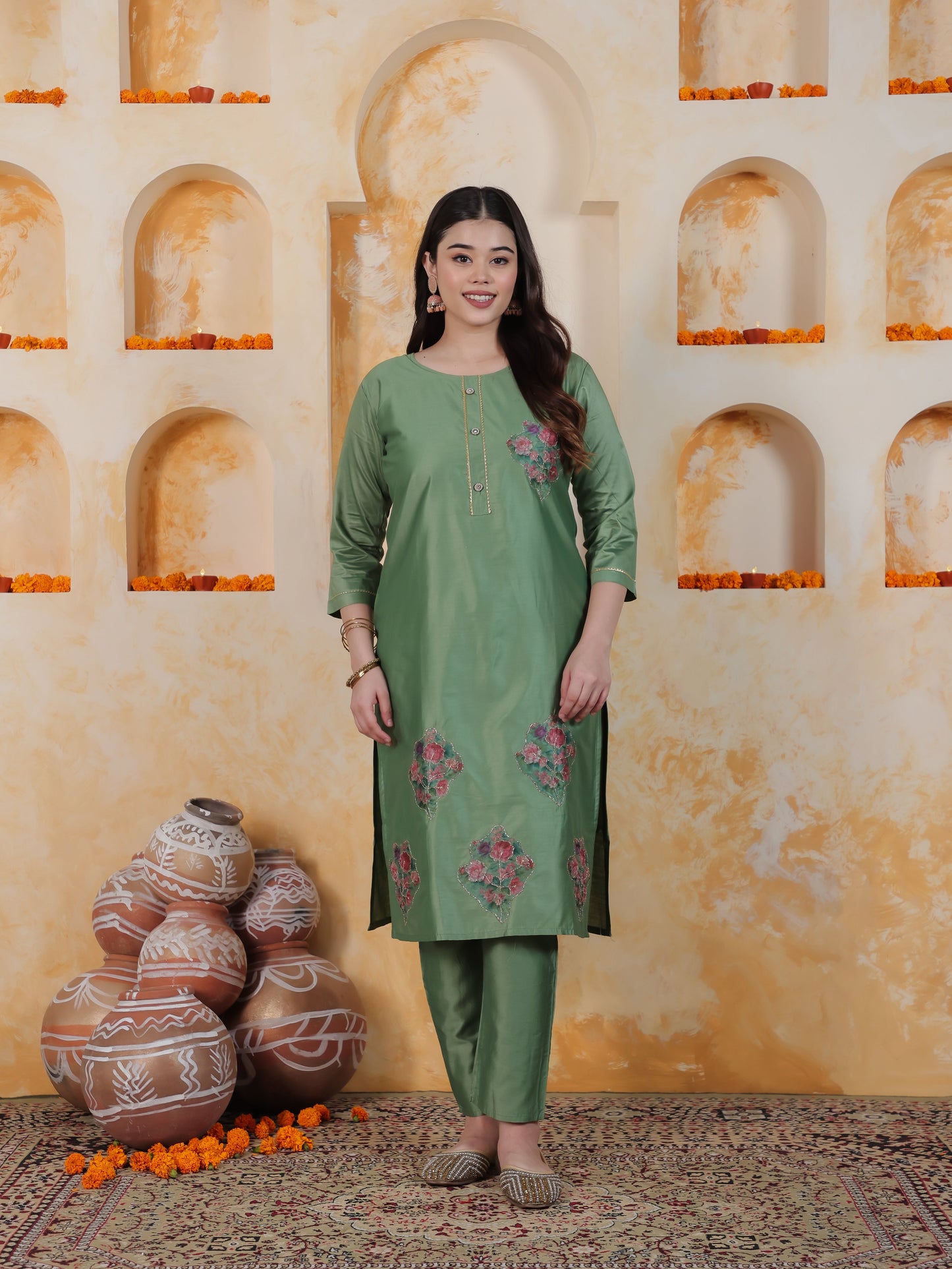 Badla Work Green Floral Roman silk Straight Kurta