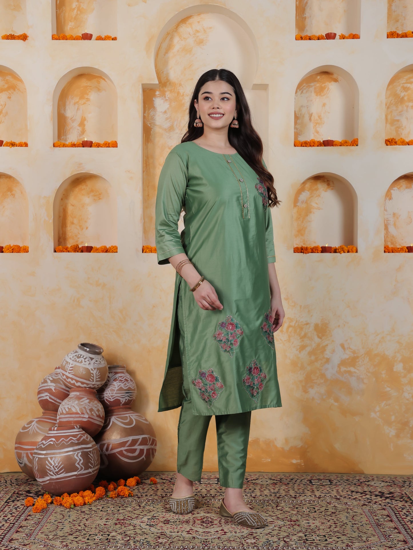 Badla Work Green Floral Roman silk Straight Kurta