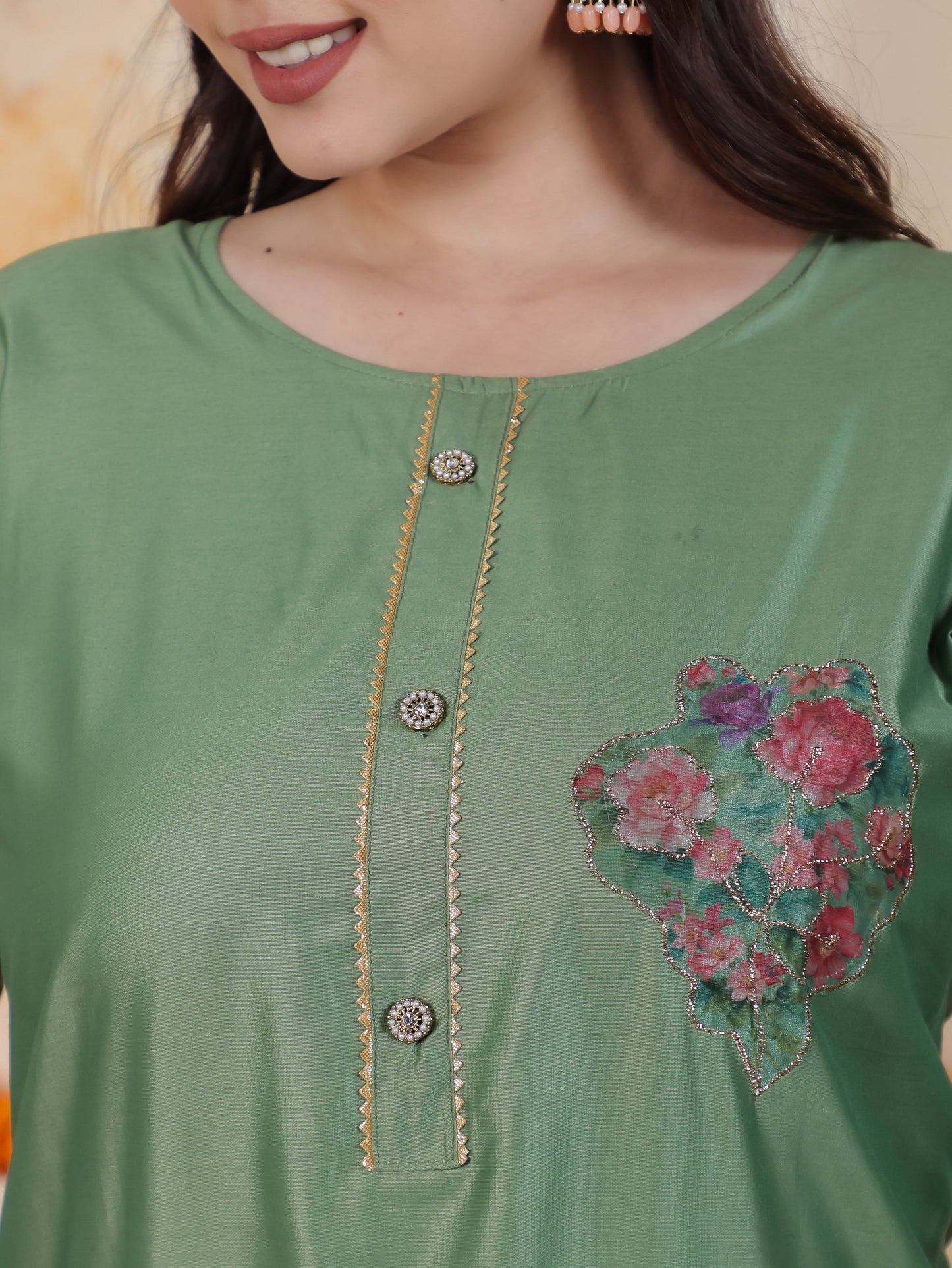 Badla Work Green Floral Roman silk Straight Kurta
