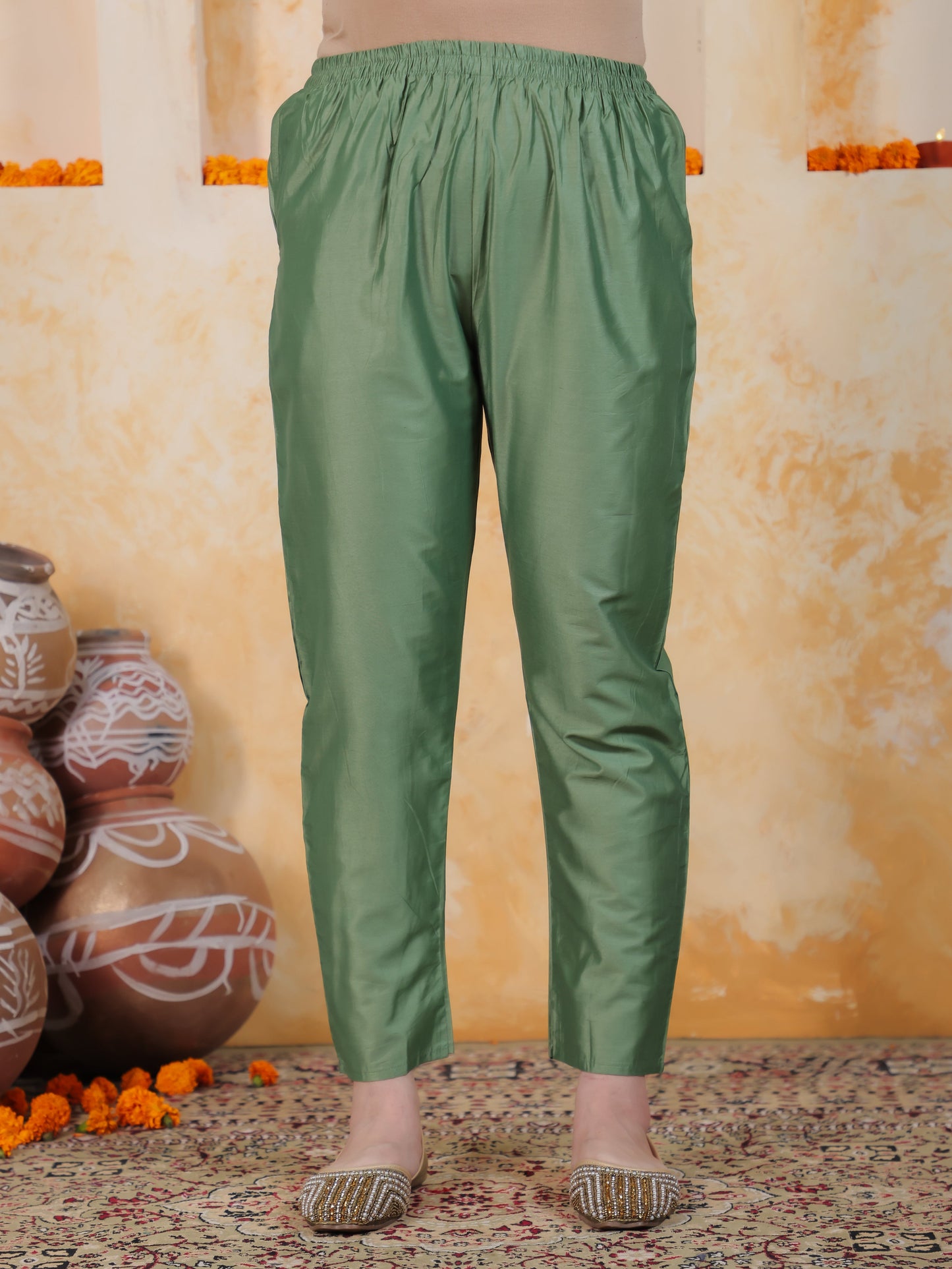 Badla Work Green Floral Roman silk Straight Kurta