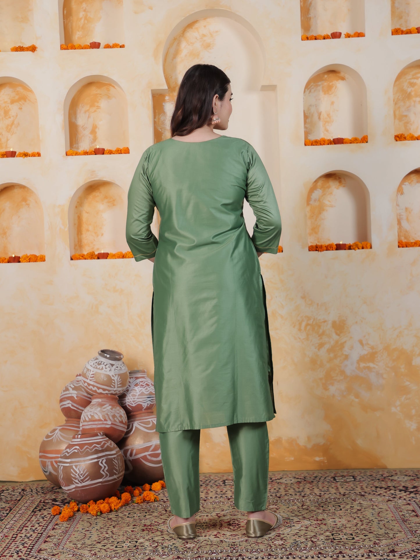 Badla Work Green Floral Roman silk Straight Kurta