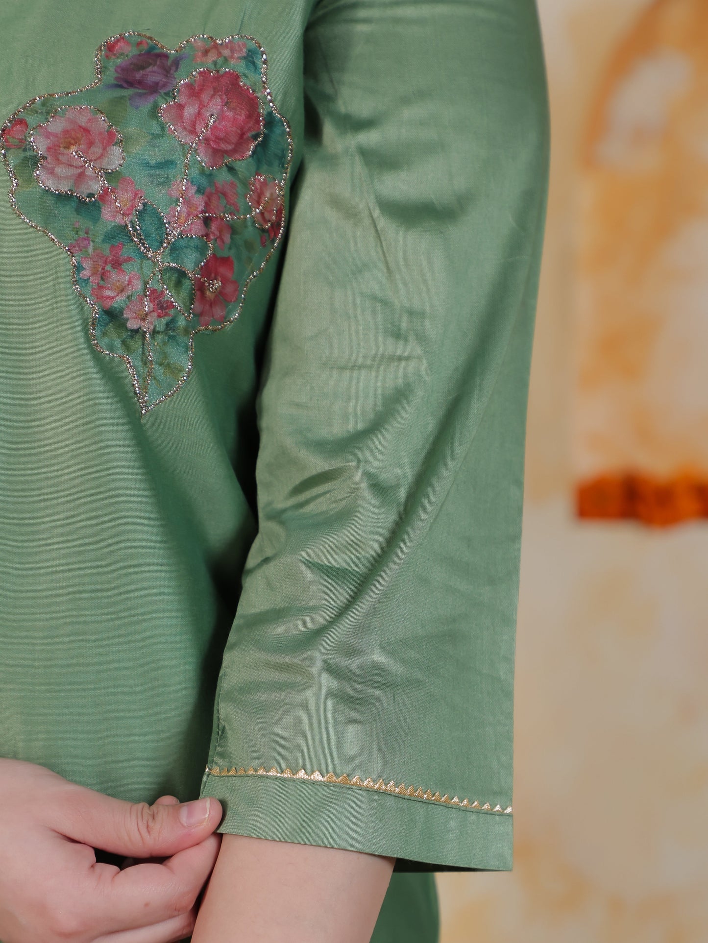 Badla Work Green Floral Roman silk Straight Kurta