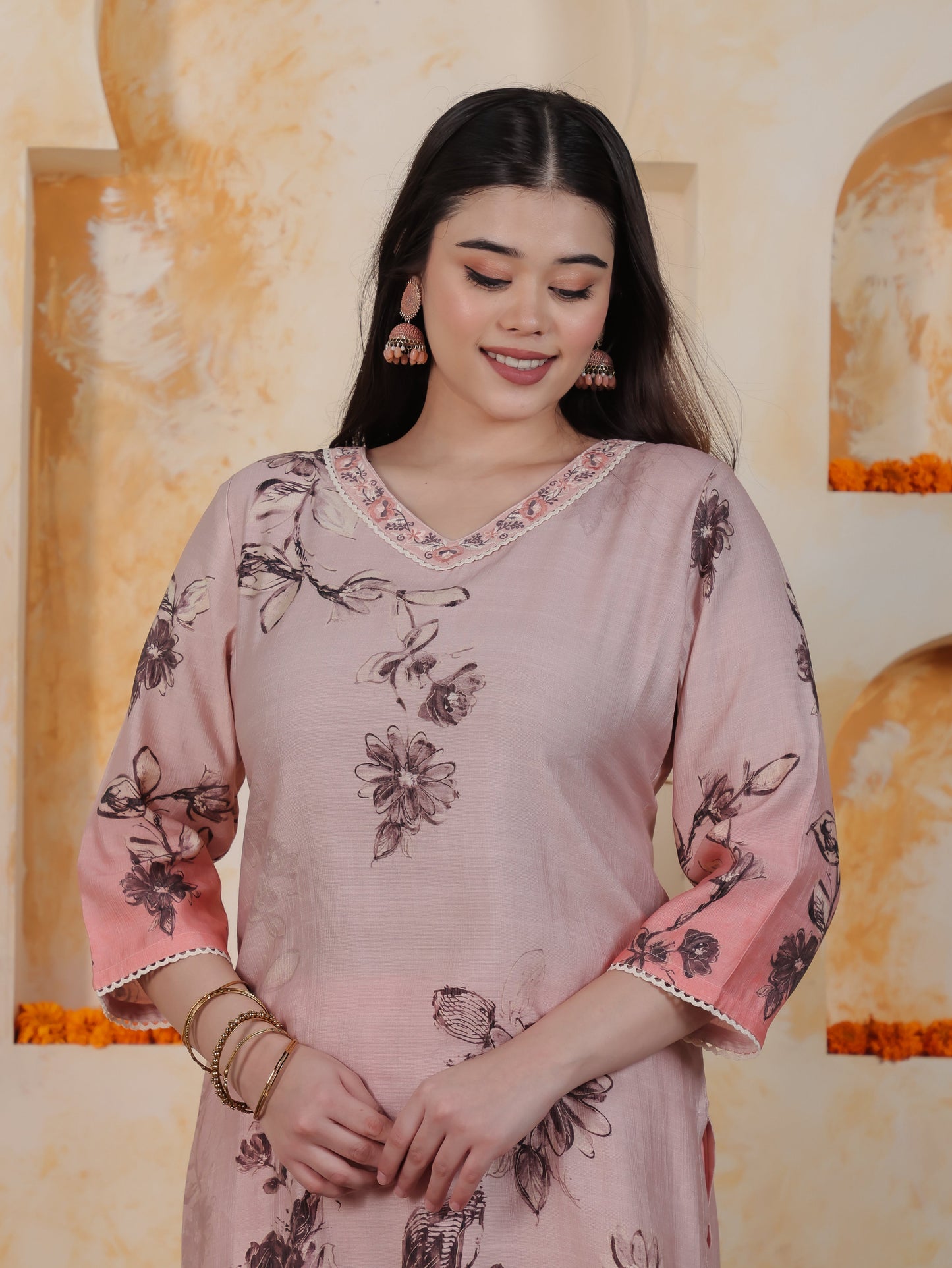 Lace Pink Ombre Floral Shantoon Straight Kurta