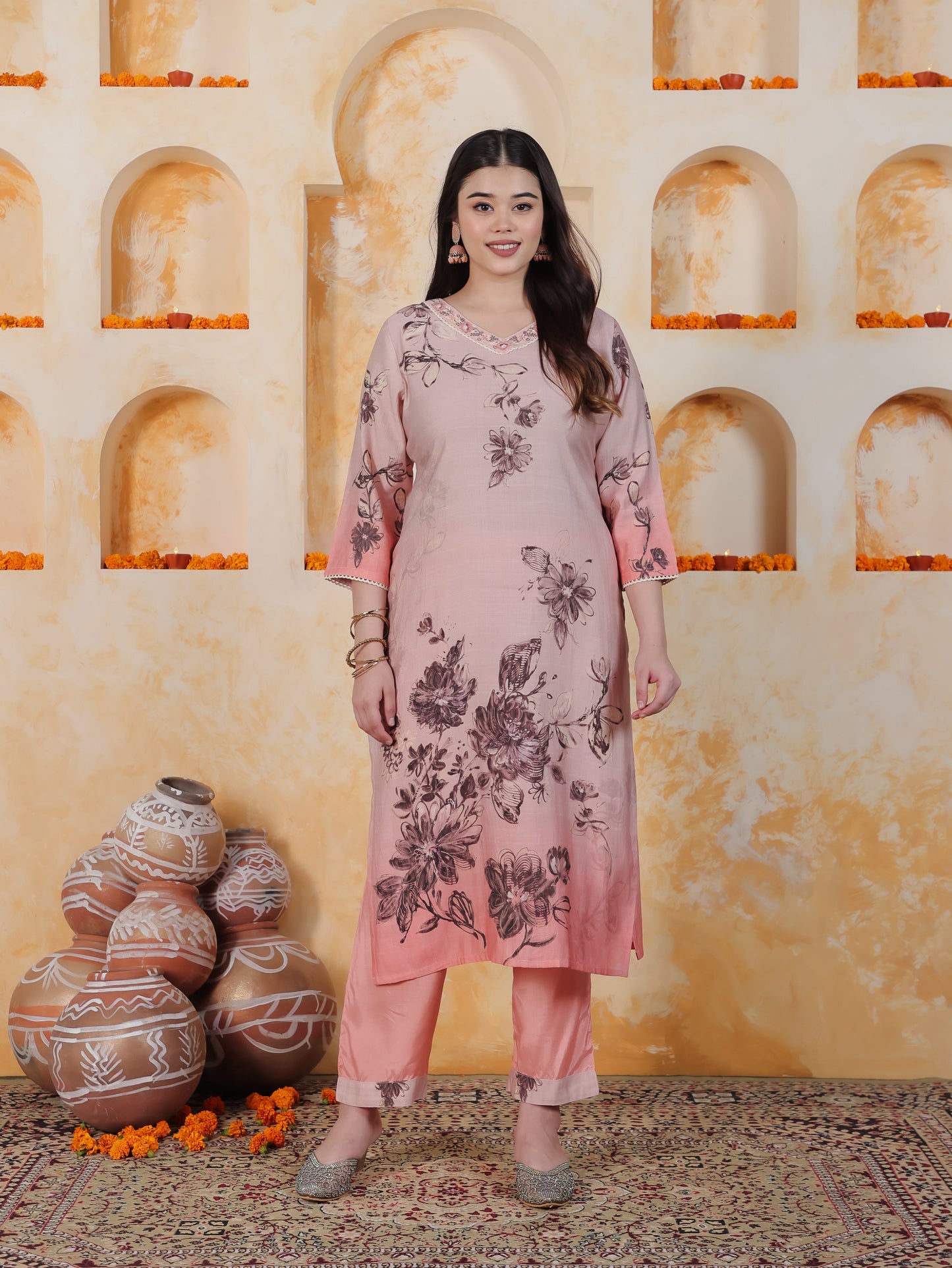 Lace Pink Ombre Floral Shantoon Straight Kurta