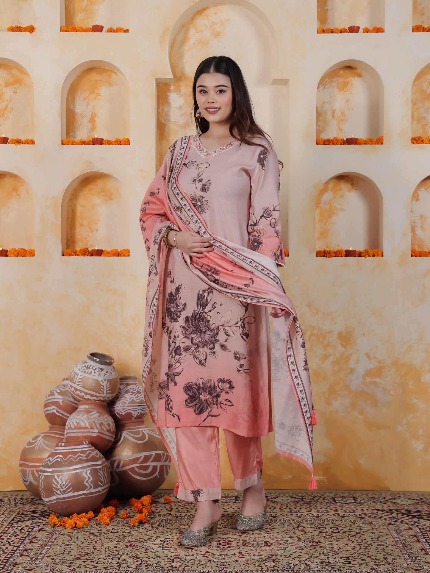 Lace Pink Ombre Floral Shantoon Straight Kurta