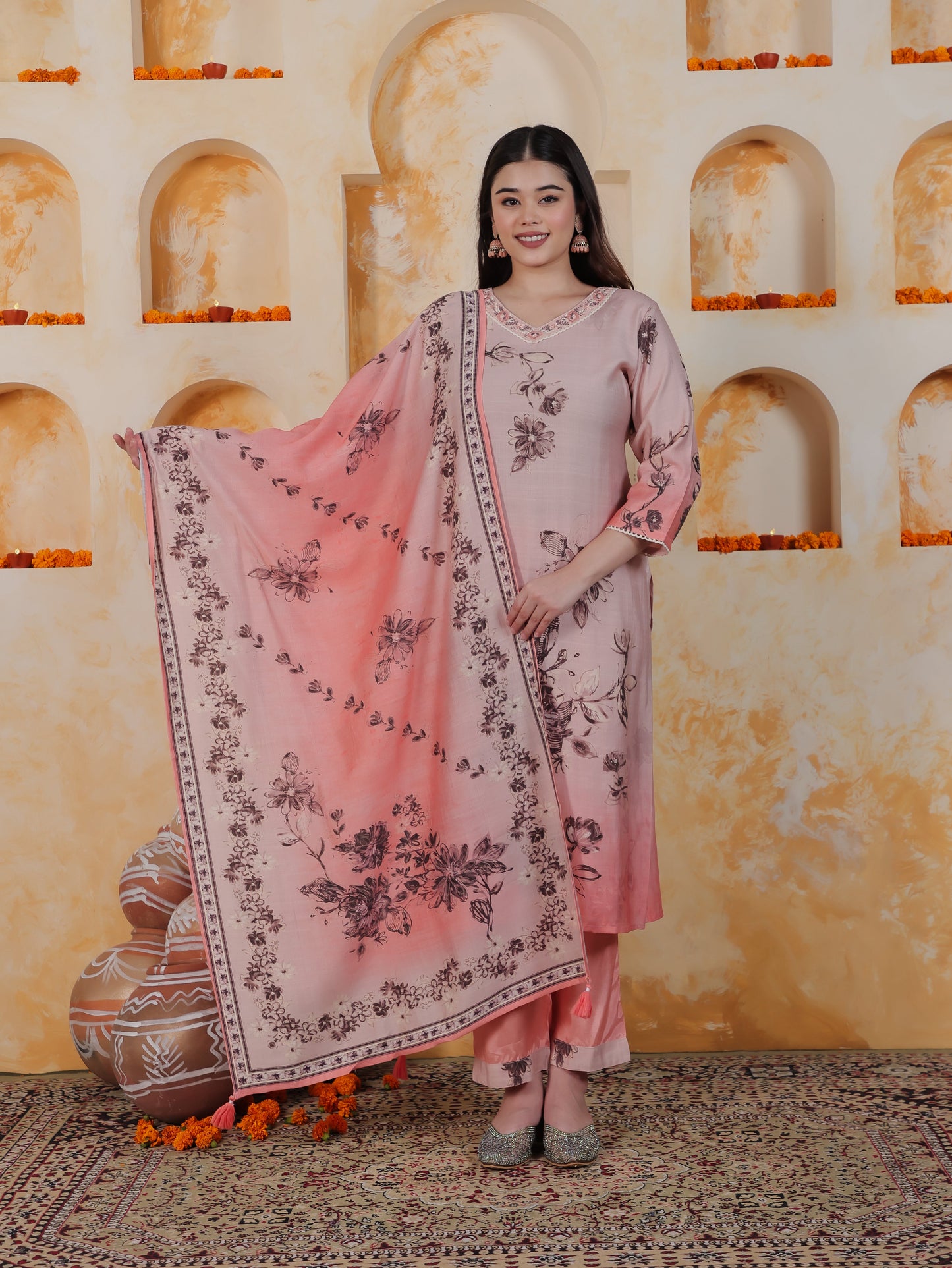 Lace Pink Ombre Floral Shantoon Straight Kurta