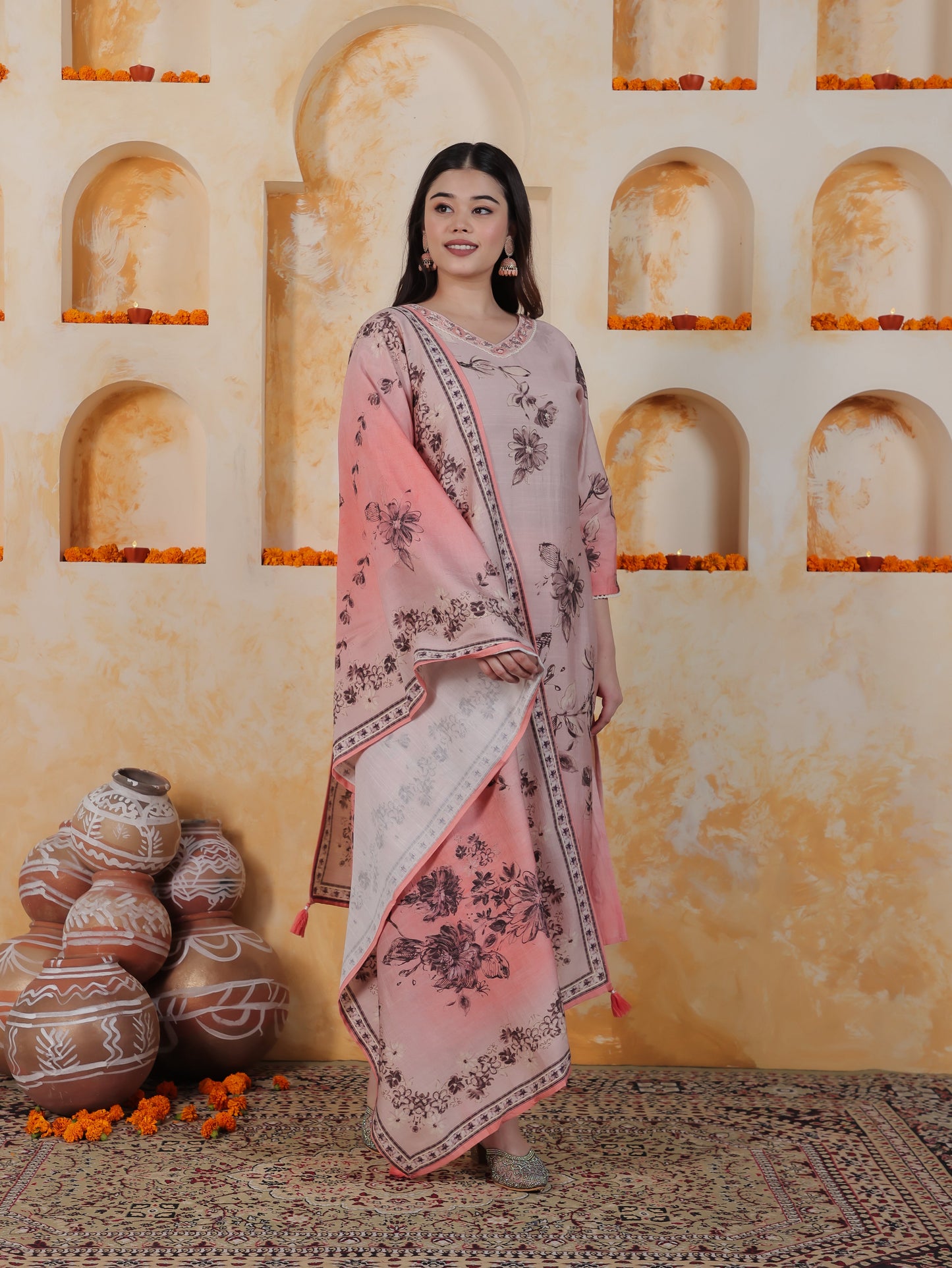 Lace Pink Ombre Floral Shantoon Straight Kurta
