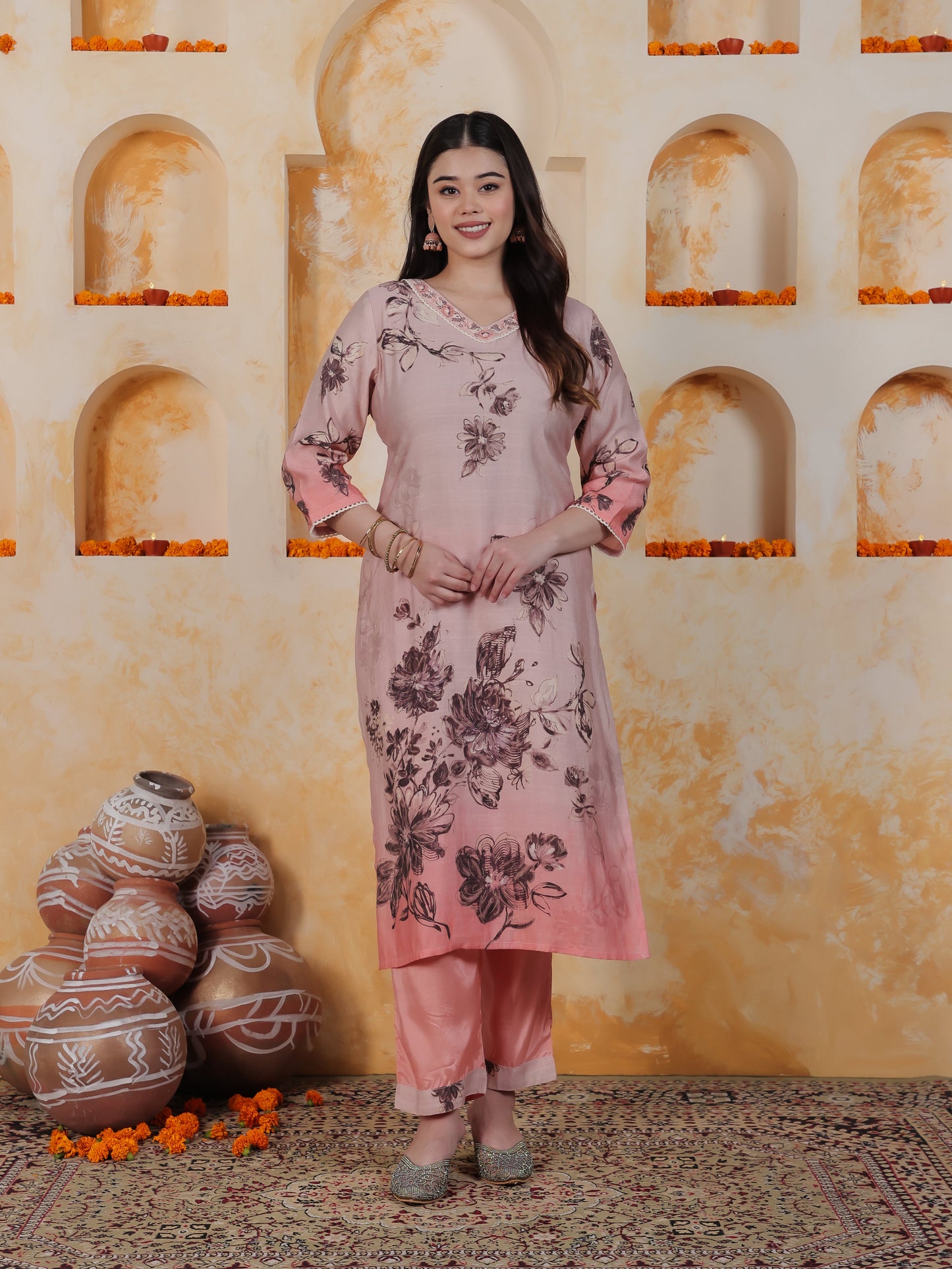 Lace Pink Ombre Floral Shantoon Straight Kurta