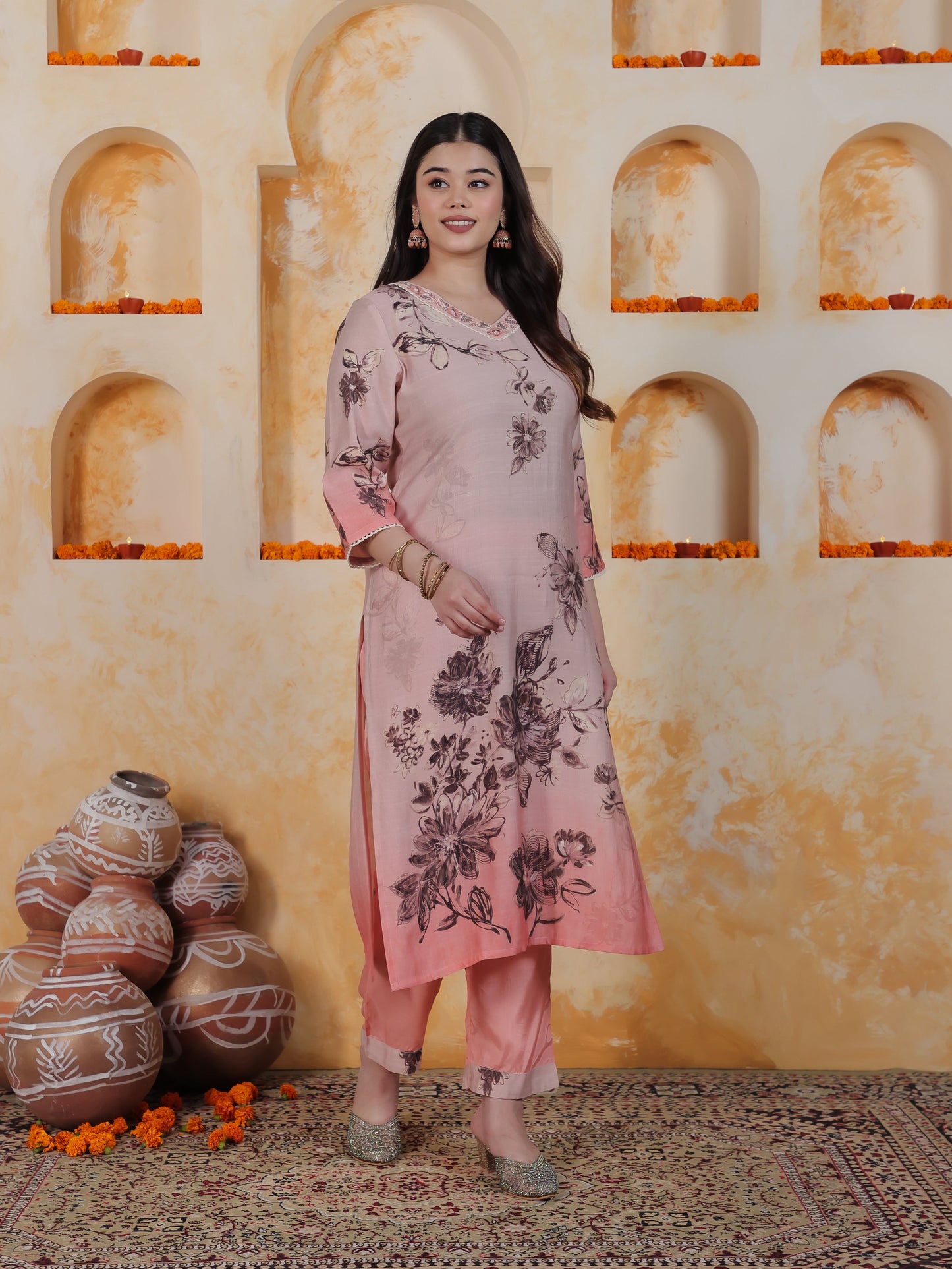 Lace Pink Ombre Floral Shantoon Straight Kurta