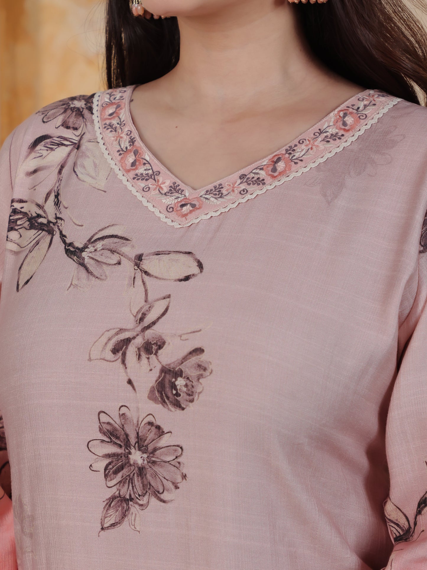 Lace Pink Ombre Floral Shantoon Straight Kurta